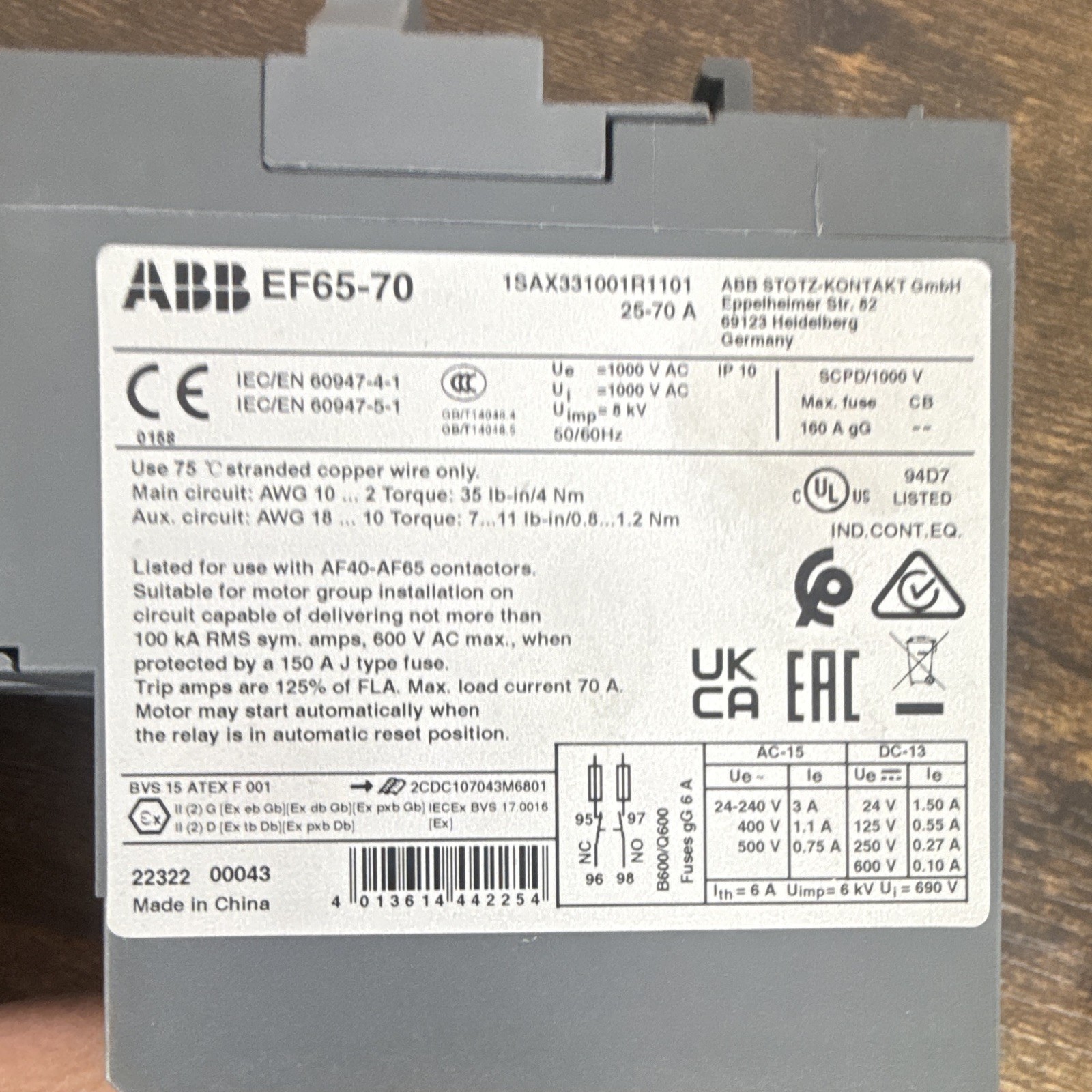 ABB EF65-70 Thermal Overload Relay 26-70A Trip Indicator 1SAX331001R1101