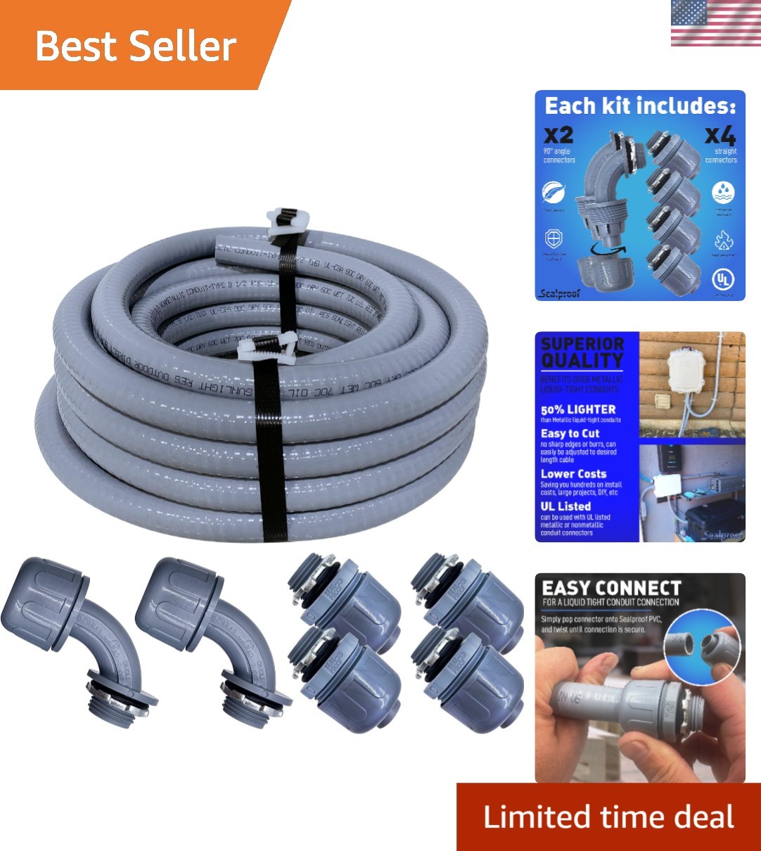 1/2″ Diameter PVC Flexible Conduit Kit – 25FT with Straight & 90° Connectors