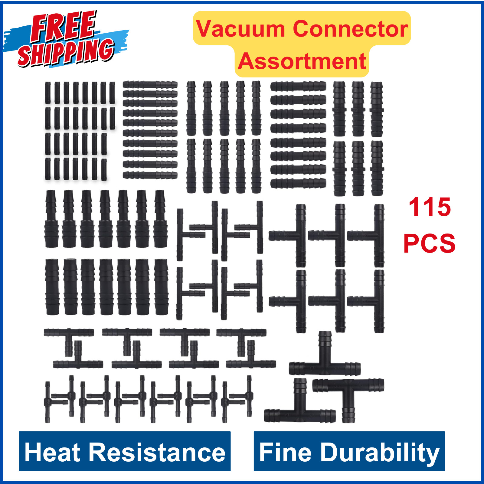 Vacuum Connector Assortment Vacuum Line Fittings Kit 115PCS 12 Sizes Black Nylon