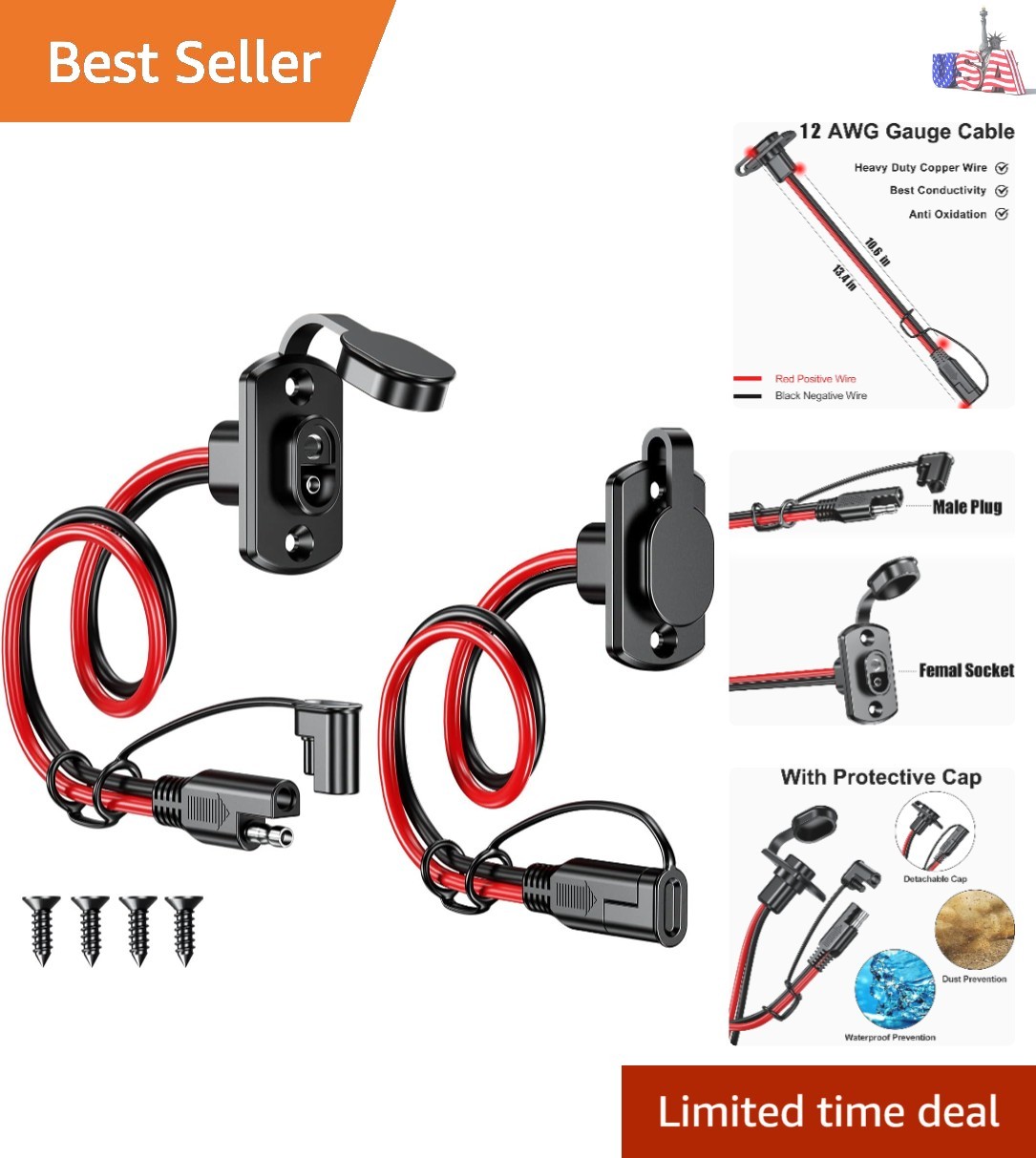 Reliable 1FT SAE Male-Female Quick Connector Harness for Solar and Battery Use