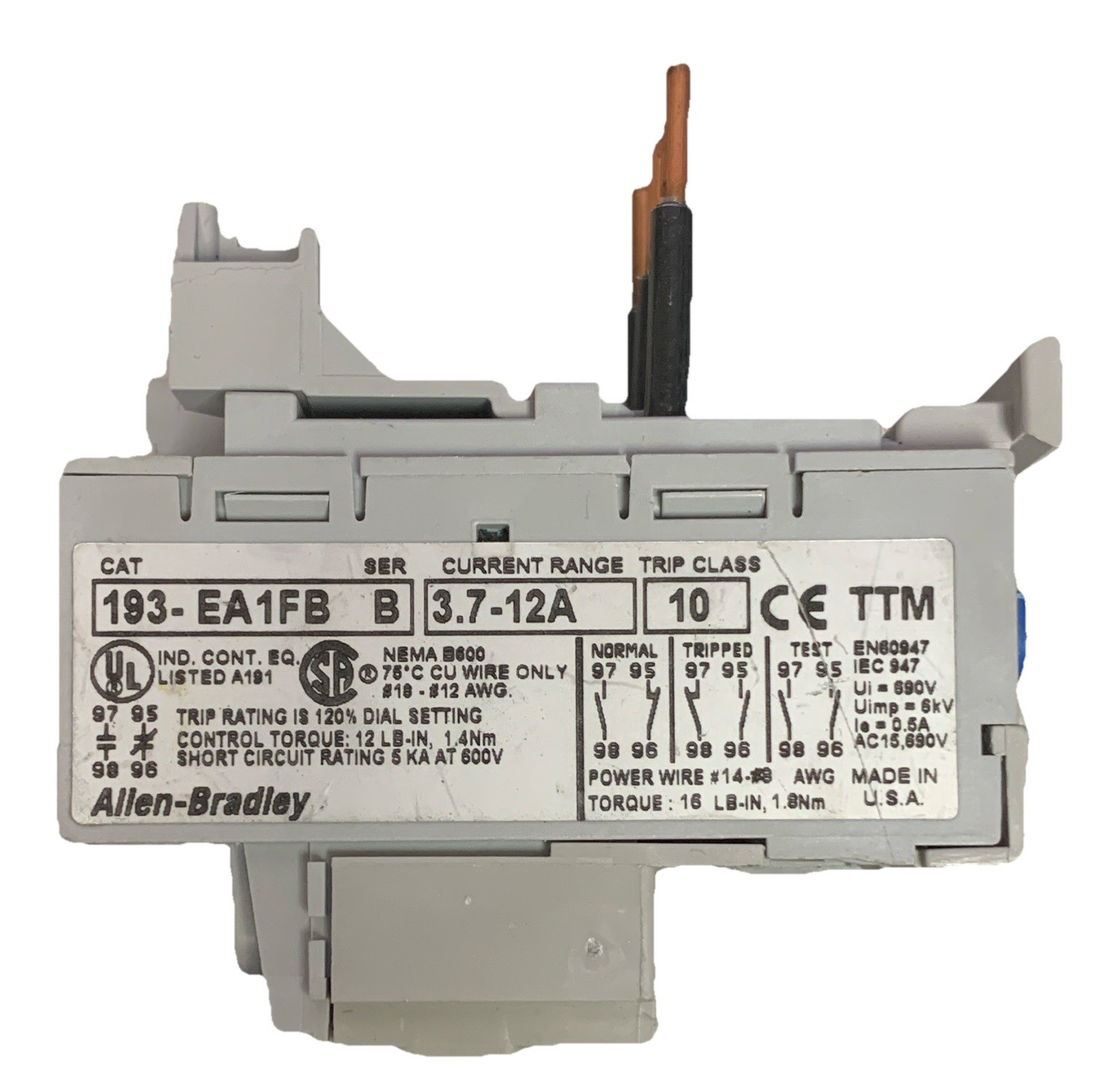 Allen-Bradley Thermal Overload Relay Class 10 Manual Reset 3.7-12A 193-EA1FB