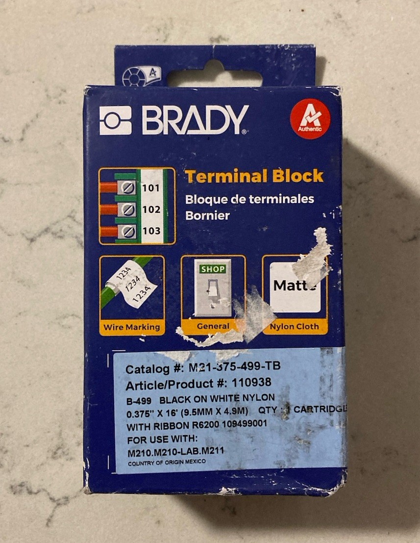 1 PC Brady M21-375-499-TB Label Tape Cartridge, Black/White, Labels/Roll: Conti