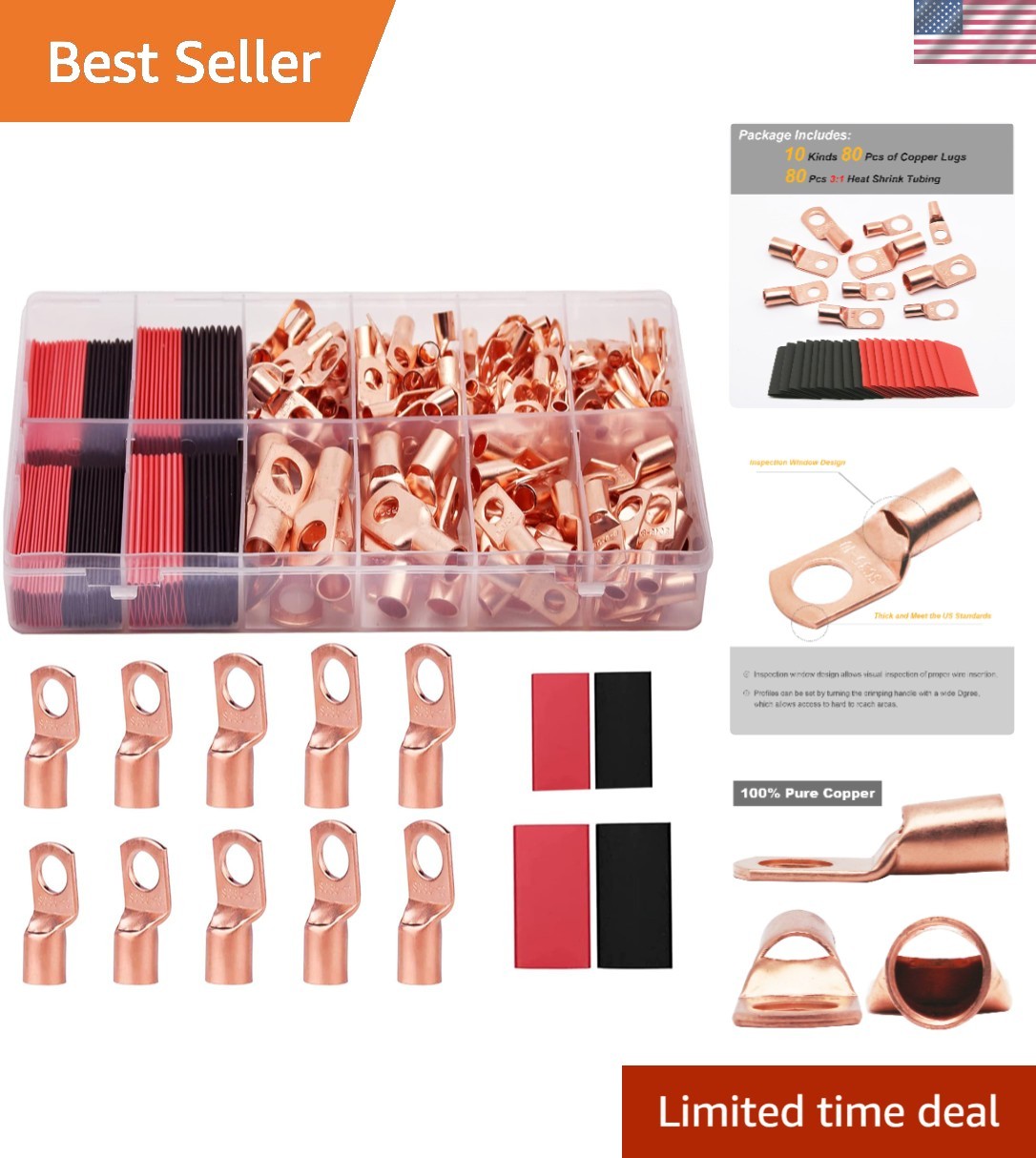 Complete 160Pcs Copper Wire Lugs Set with Heat Shrink – 10 Sizes for Versatility