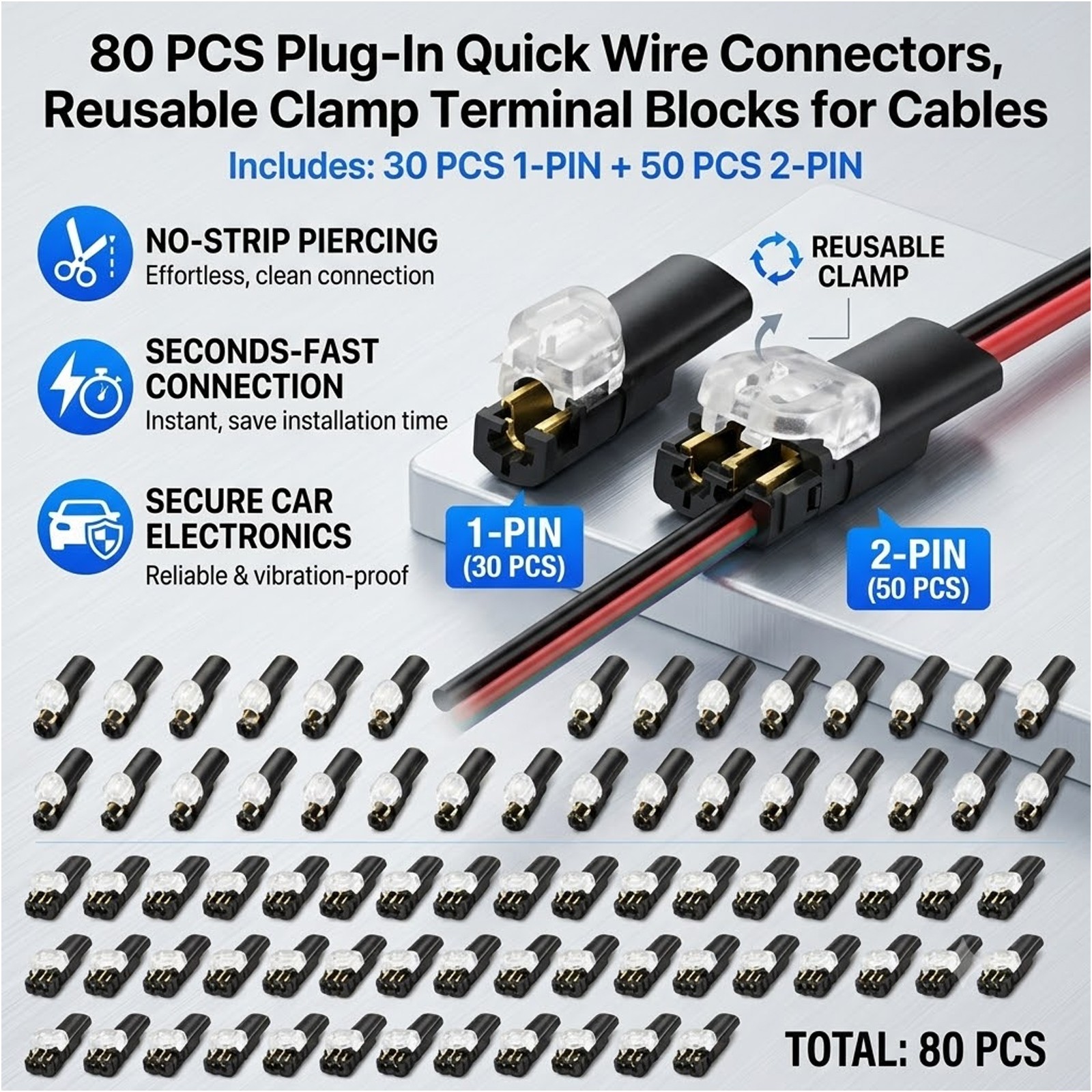 80Pcs Quick Connect Wire Splice Terminals No Stripping For Car Audio