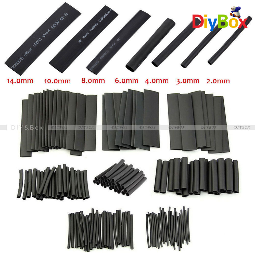 127Pcs2:1Black Polyolefin Heat Shrink Tubing Electrical Cable Sleeve Wire 7 Size