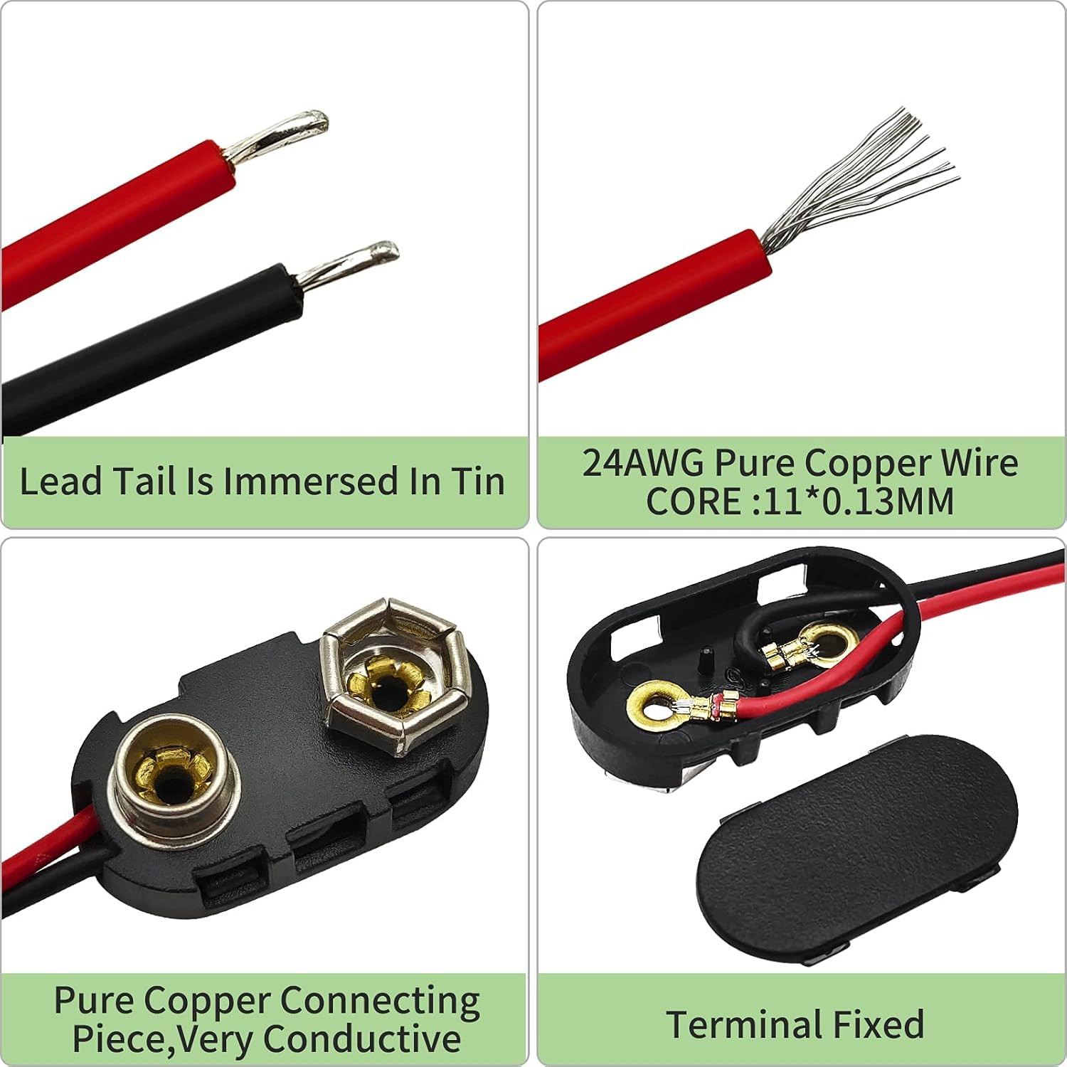 I-Type 9 Volt Battery Connectors, 20 PCS with Copper Wire Lead, Plastic Shell