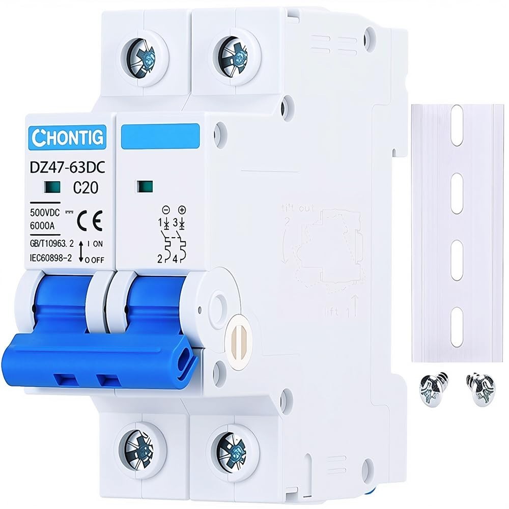 20 Amp Miniature DC Circuit Breaker 500V 2 Pole, Solar PV Disconnect Switch with