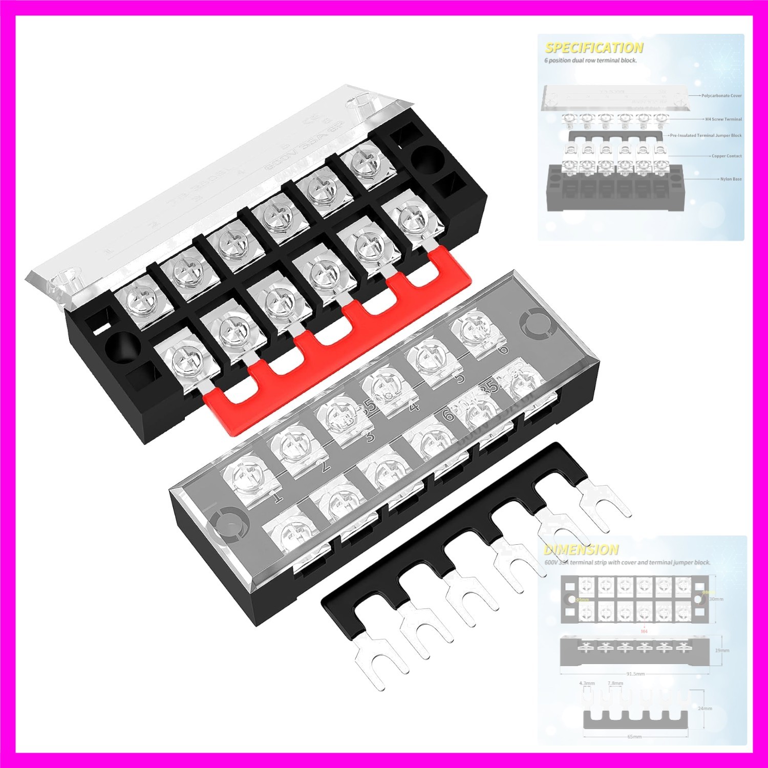 35A Terminal Block 6 Position Screw Terminal Strip Dual Row with Cover & 6 Po…