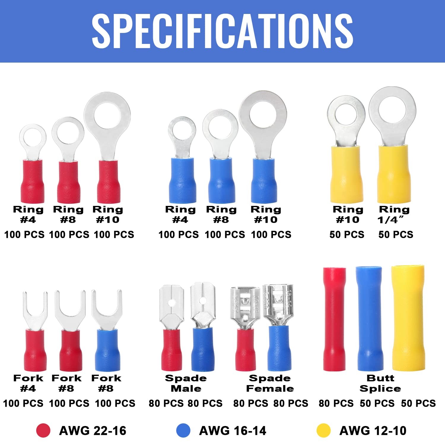 1500pcs Wire Connectors Insulated Ring Butt Spade Fork Terminal Kit Copper