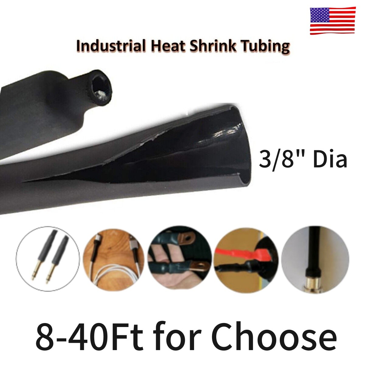 1-50ft Φ3/8″ 9.5mm Black 3:1 Ratio Heat Shrink Tube Dual Wall Adhesive Lined US