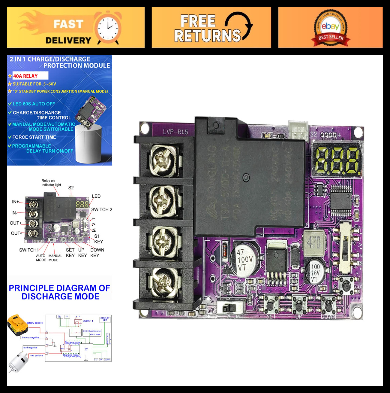 “40A Low Voltage Disconnect & Protection Module with LCD Display – DC 5V-60V”