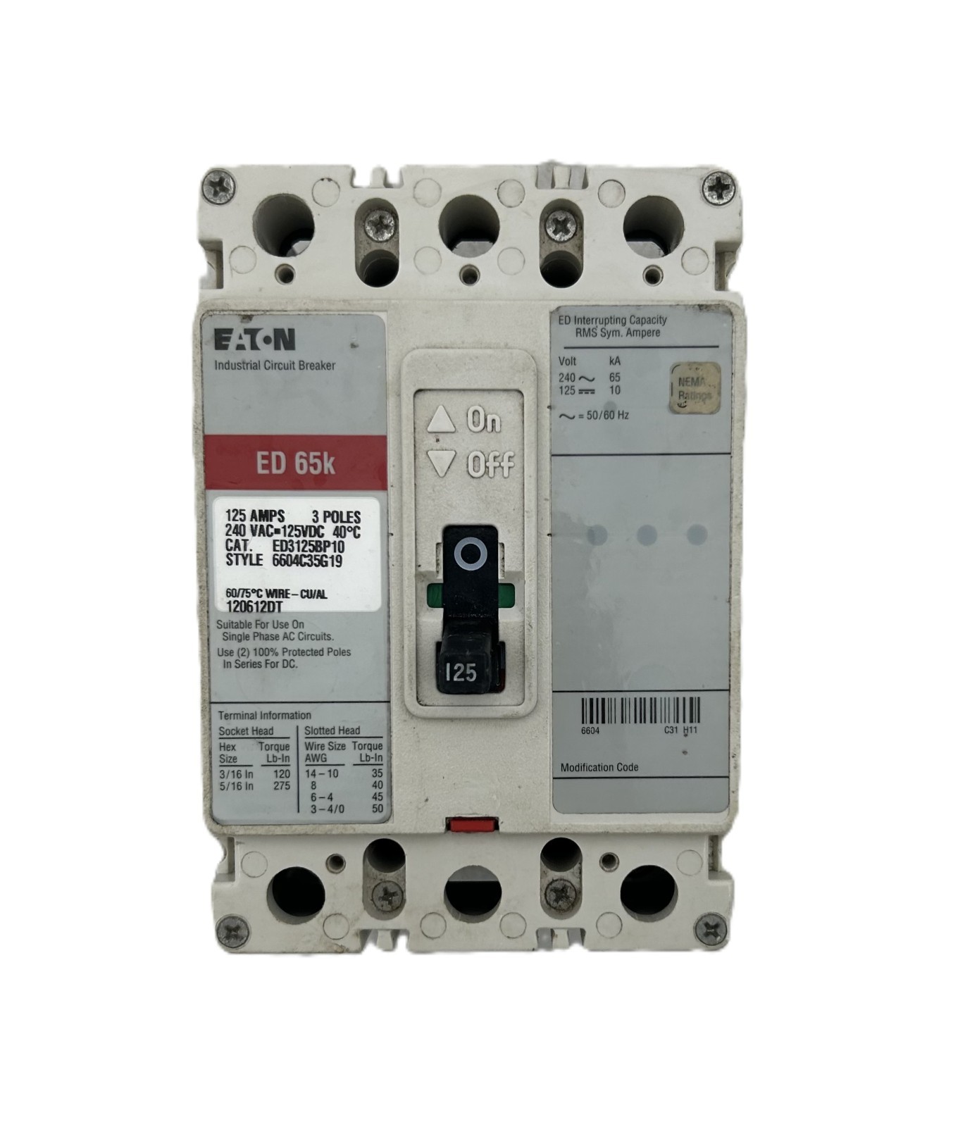 Eaton ED3125BP10 Industrial Circuit Breaker 125A 3-Pole 240VAC