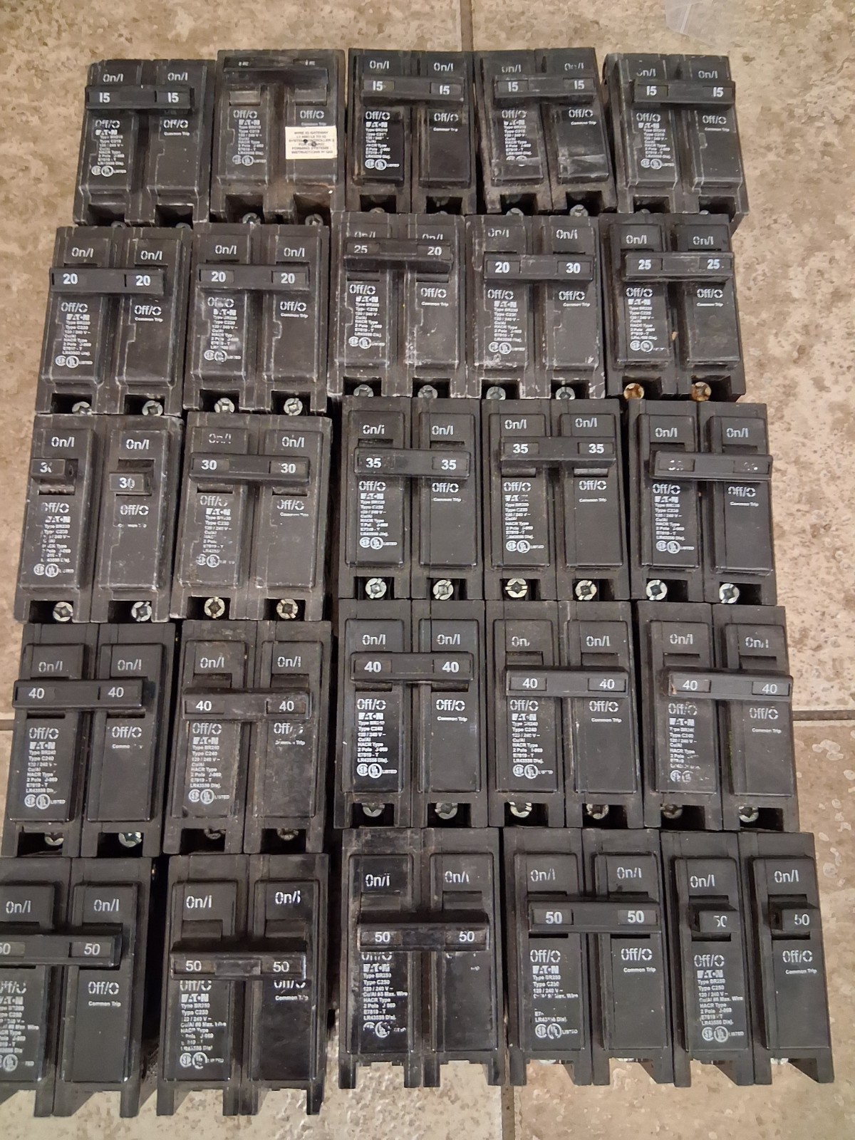 Lot of 25 Circuit Breakers -Eaton BR 15A, 20A, 25A 30A 35A 40A 50A 2-Pole