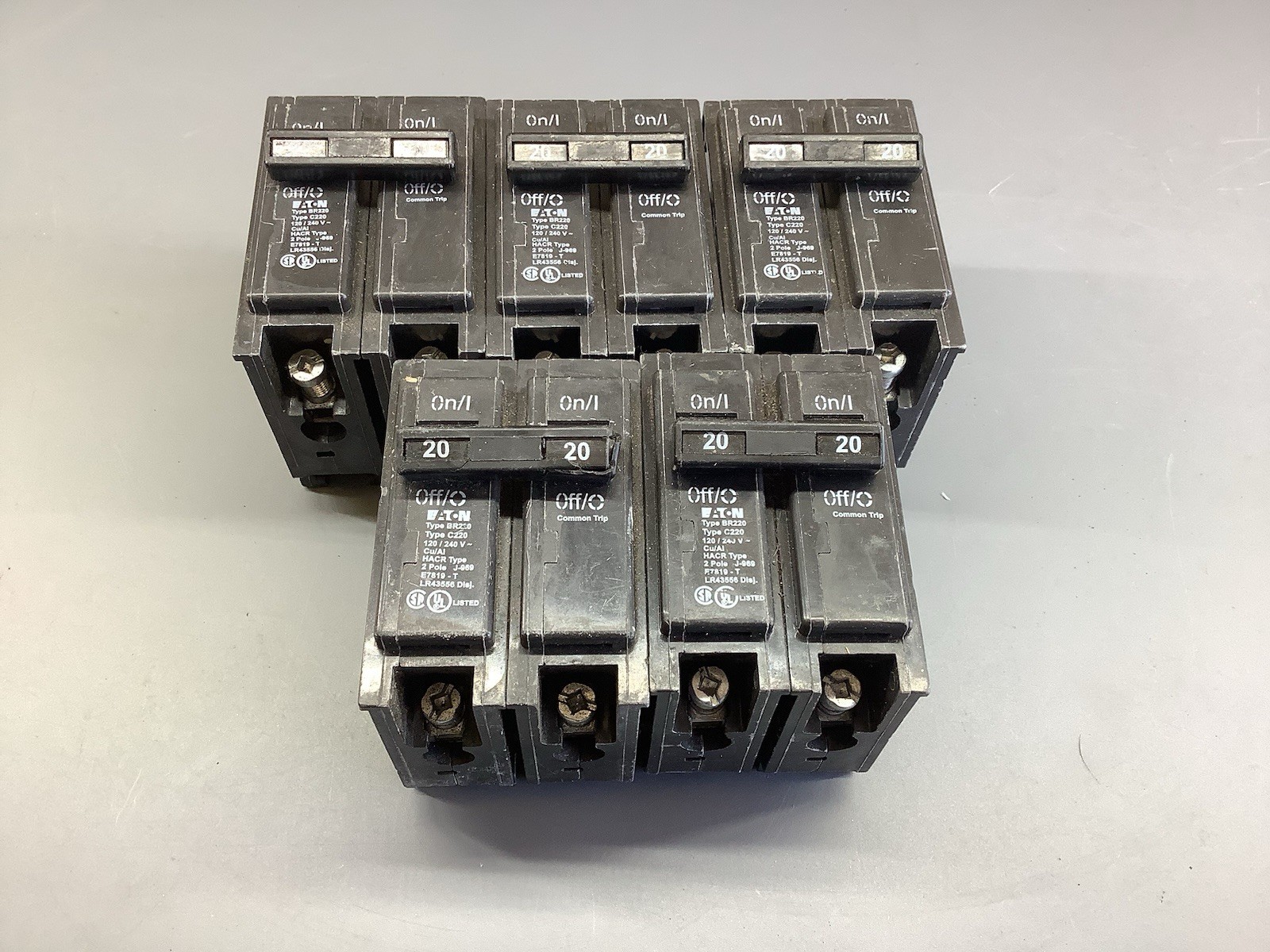 Lot of 5 Eaton BR220 20A 120V/240 / C220 Breakers Used Working