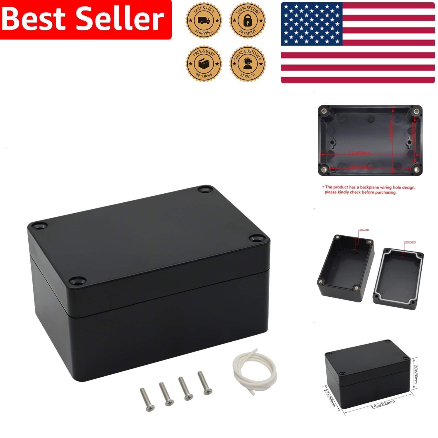 Junction Box Waterproof ABS Electrical Project Enclosure 3.9×2.6 inch Black
