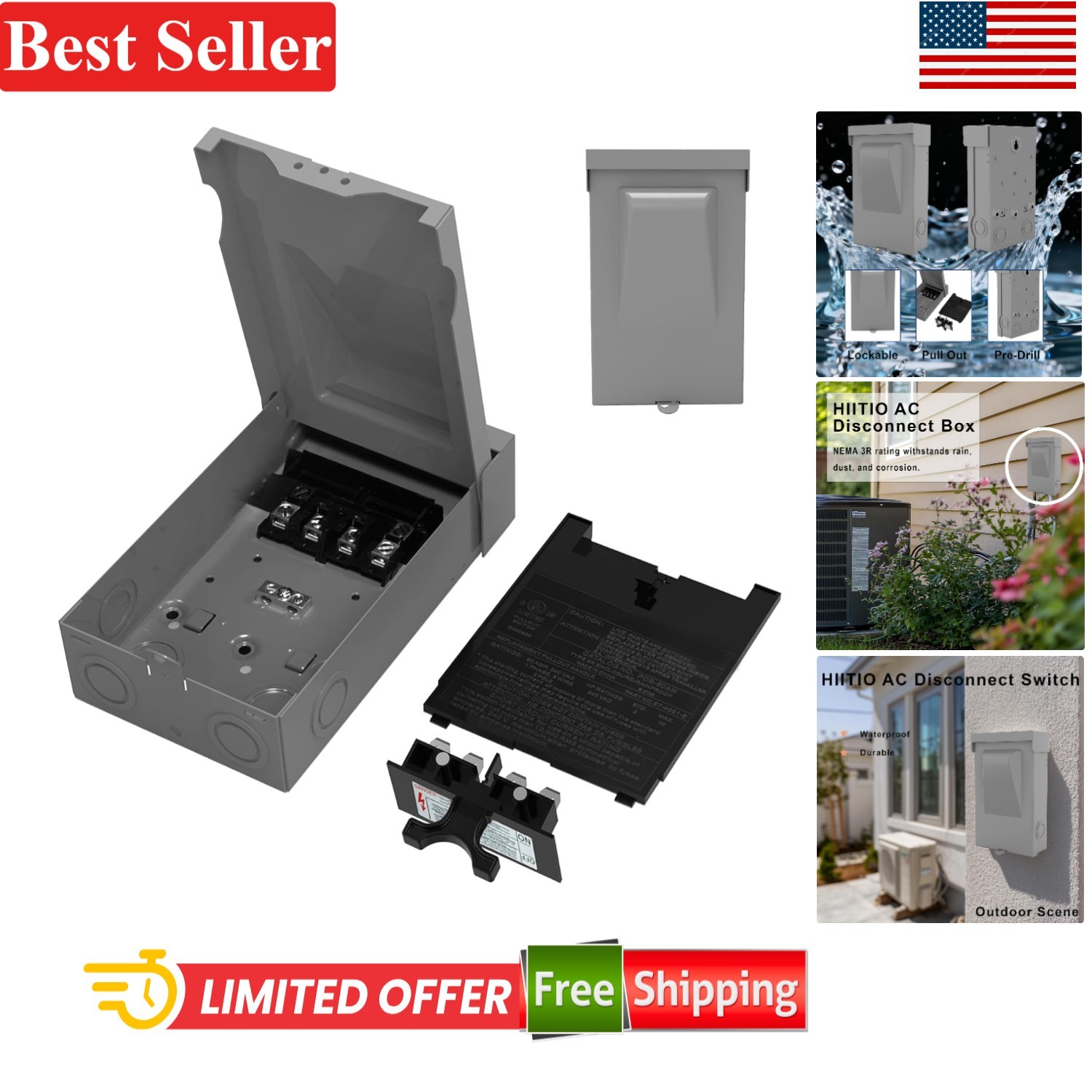 240VAC 60 Amp Non-Fused AC Disconnect Box Outdoor Waterproof Metal Enclosure