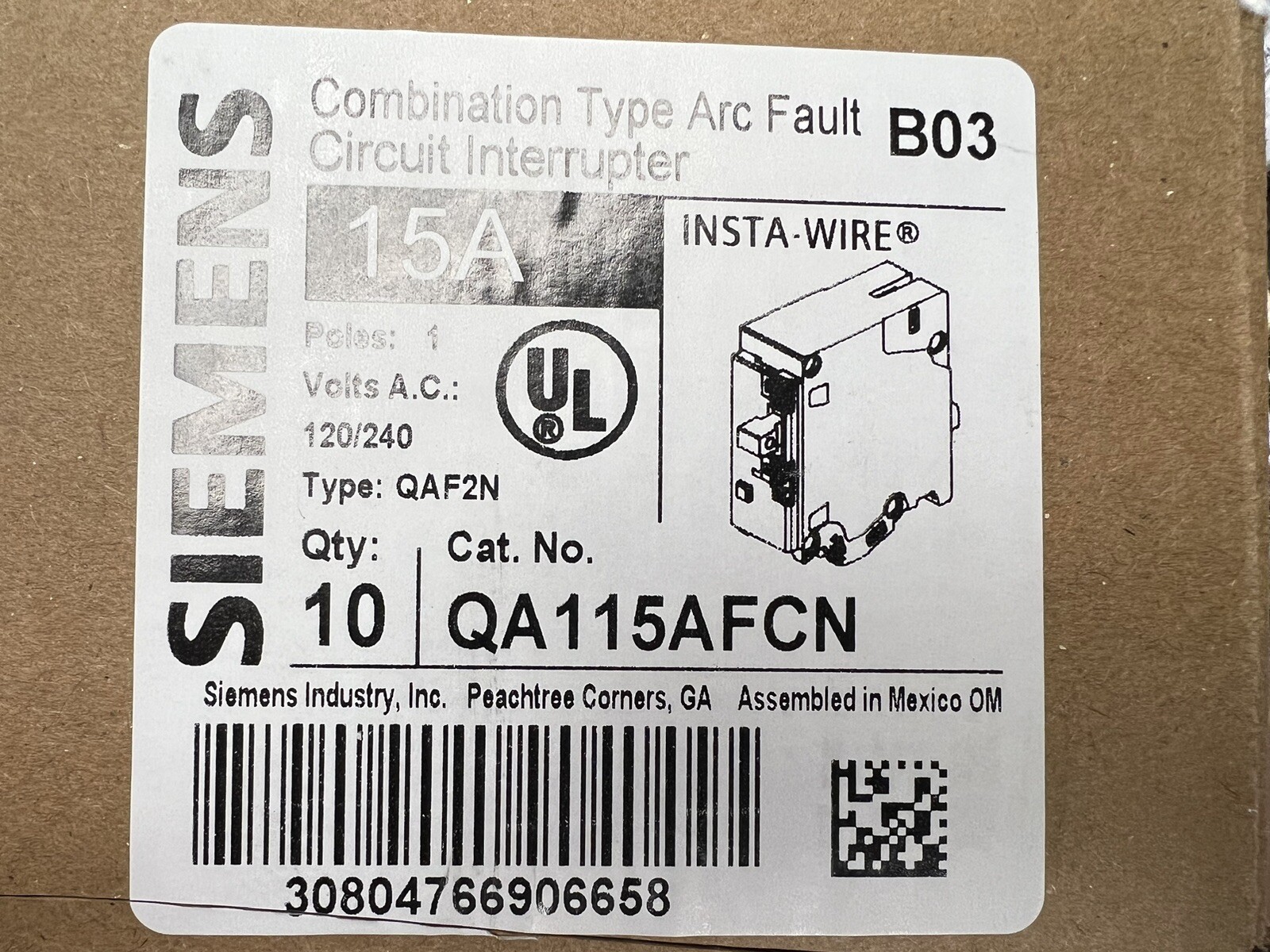 QA115AFCN Siemens 15 Amp 120V Combination Arc Fault Insta Wire Circuit Breaker