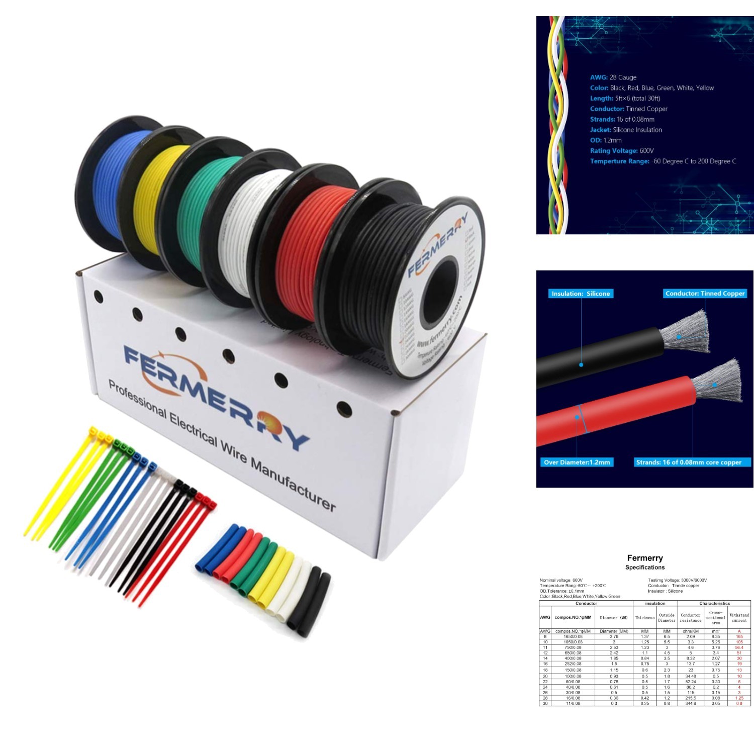 28 AWG Silicone Hook Up Wire Kit 6 Colors 5 Ft Spools, Flexible Tinned Copper