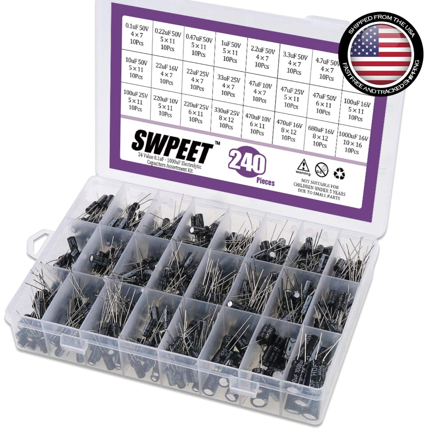 240Pcs Electrolytic Capacitor Assortment Kit: 0.1uF – 1000uF – 10V to 50V
