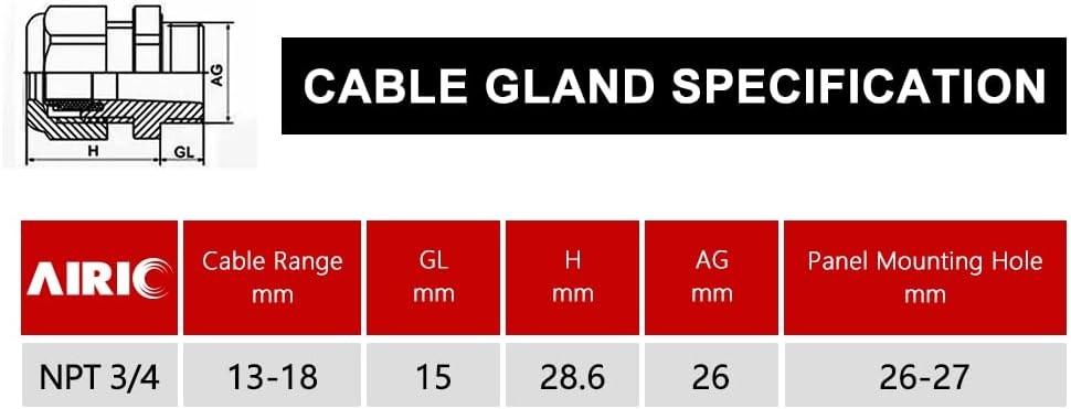 AIRIC 3/4″ NPT Cable Glands Nylon PA66, IP68 Waterproof Adjustable Power Strain
