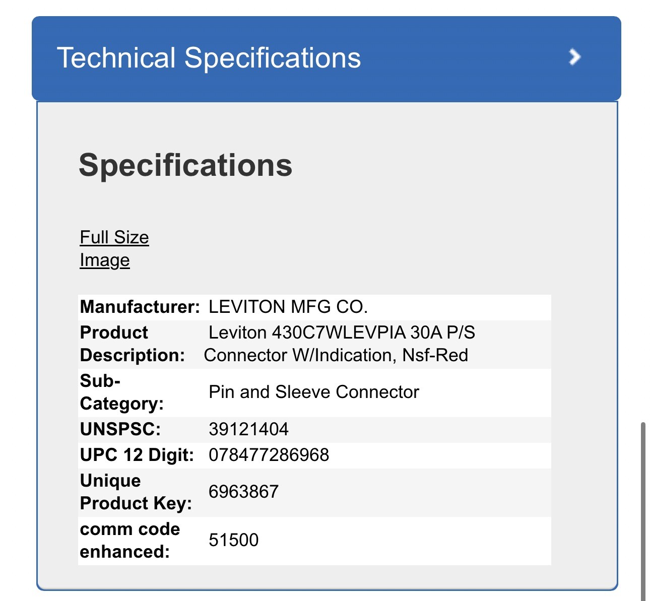 Leviton 430C7WLEVPIA 30 Amp Pin & Sleeve Connector, NSF Edition, Red Ip69k, LED