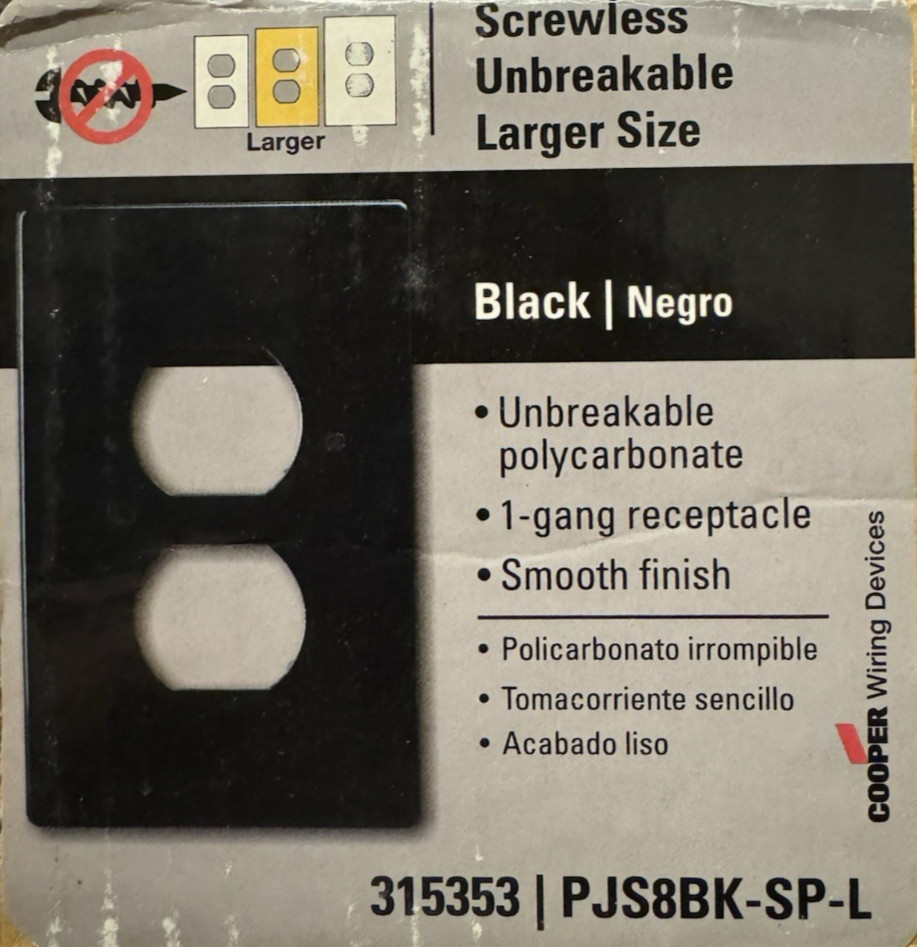 Cooper Single-Gang Oversize Screwless Receptacle Wall Plate – Black – PJS8BK