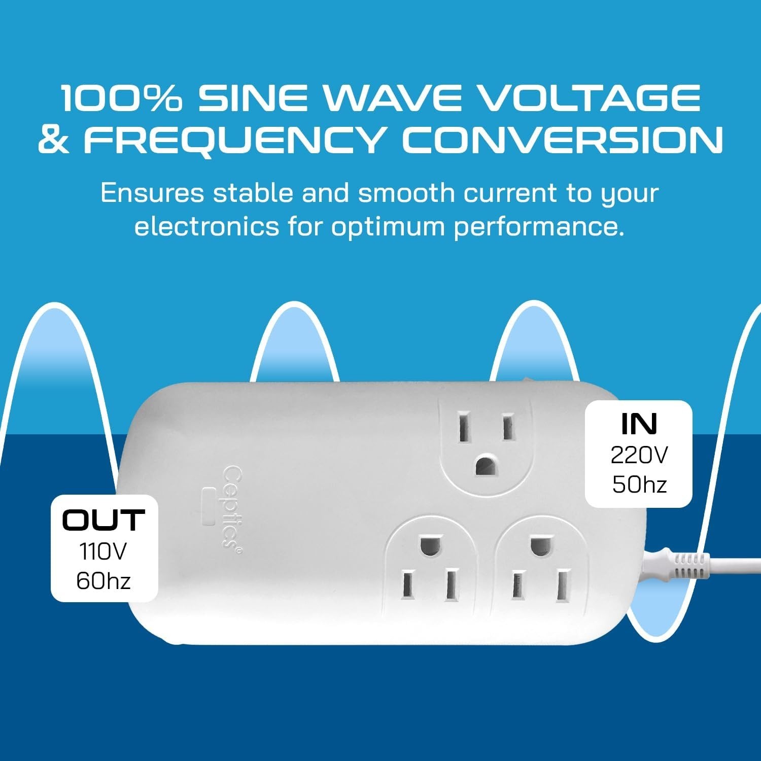 Ceptics 300W Travel Voltage Converter, 220V to 110V 50Hz 60Hz Step White