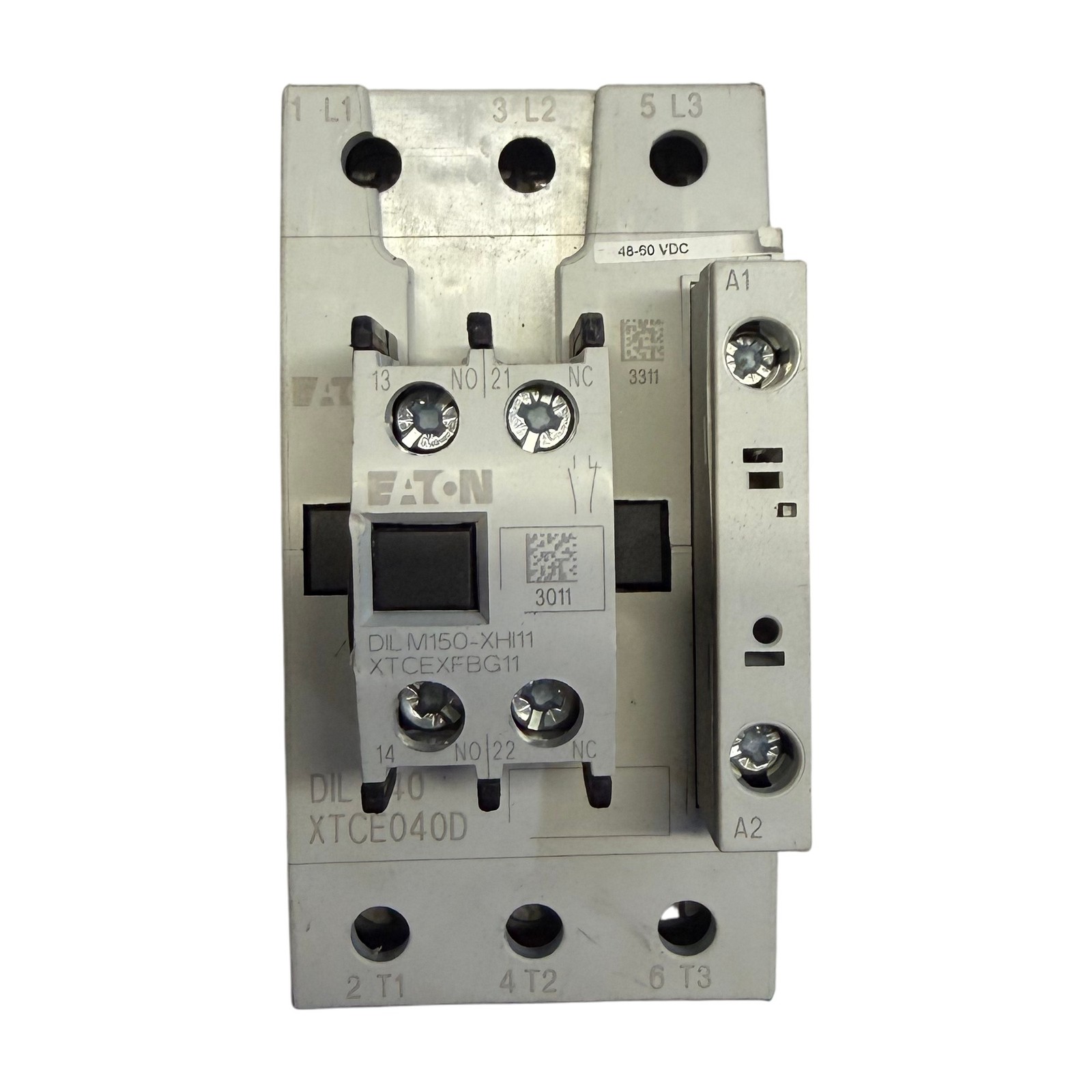 Eaton XTCE040D 40A 3-Pole IEC Contactor 48-60VDC Coil w/ XTCEXFBG11 Aux