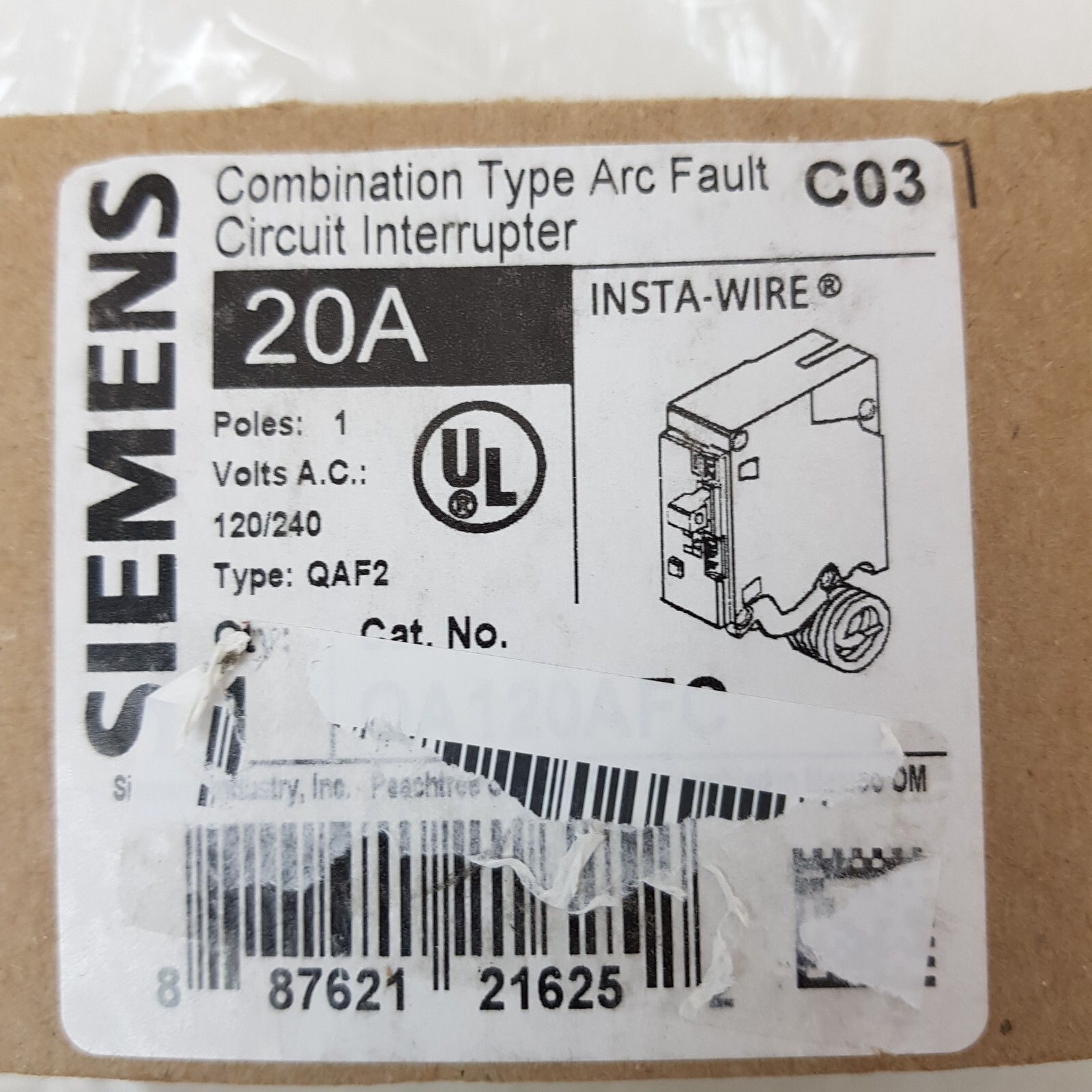 Siemens QA120AFC 20-Amp Single Pole 120-Volt Plug-On AFCI Breaker Free Shipping