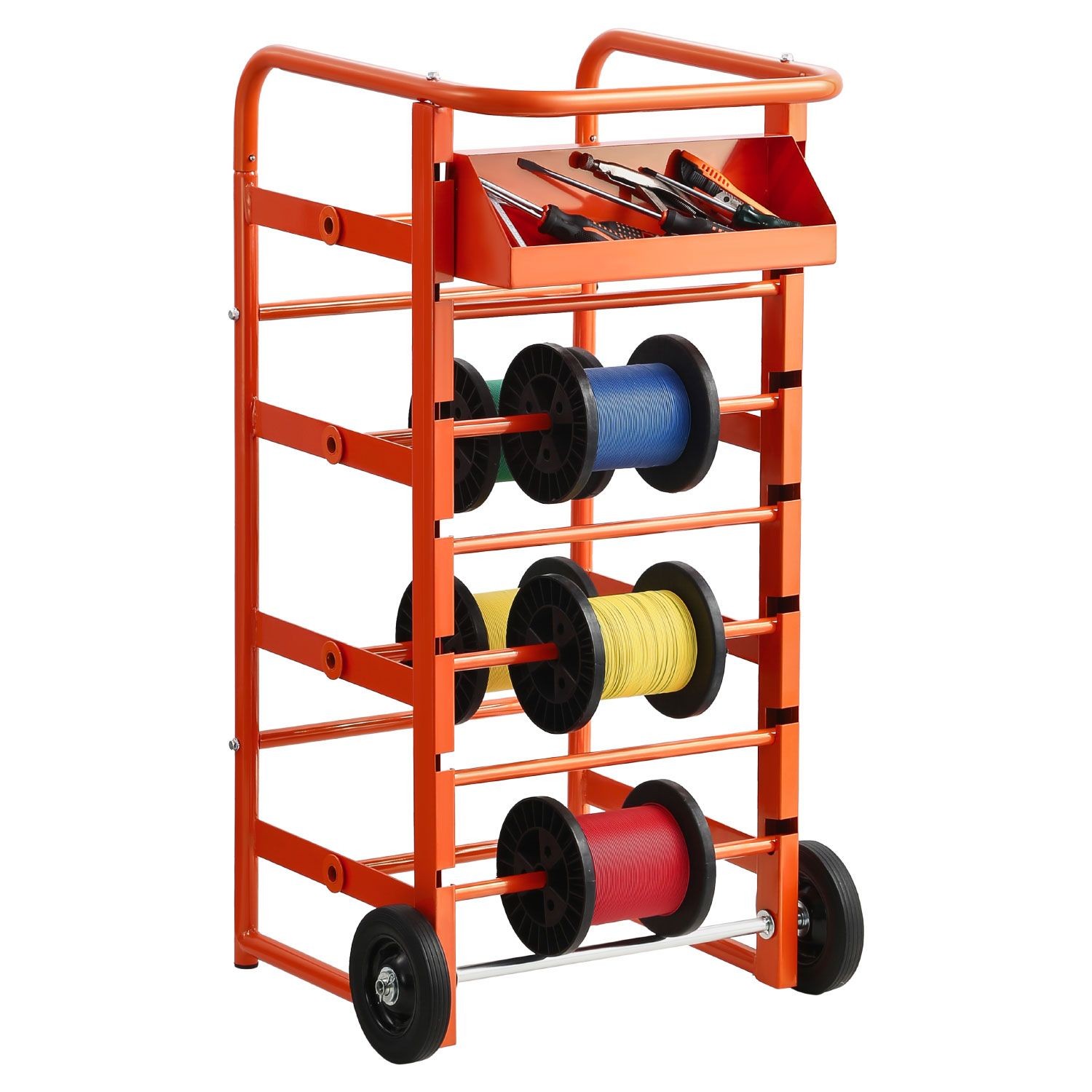 11 – Rod Wire Spool Rack with Wheels, Cable Dispenser & Storage Tray