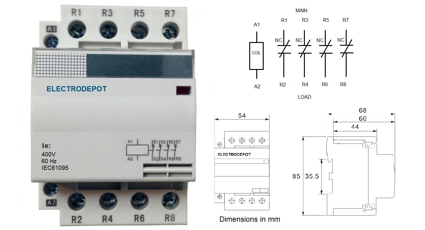 Contactor Normally Closed NC 40A, 4 Pole 120V coil, 40 Amp Lighting IEC DIN 30A