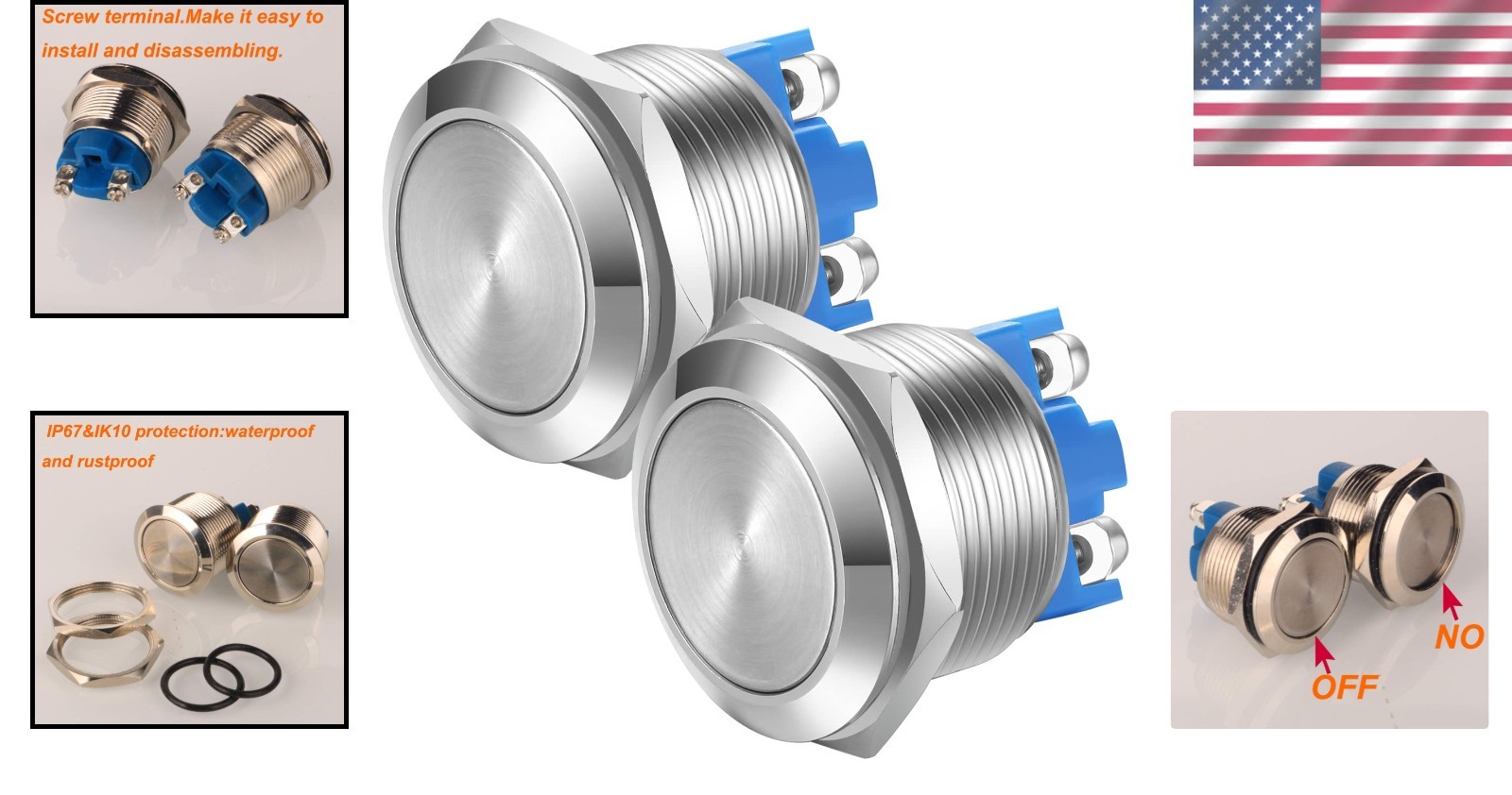 Stainless Steel 2pcs Latching Push Button Switch 5A Waterproof Metal