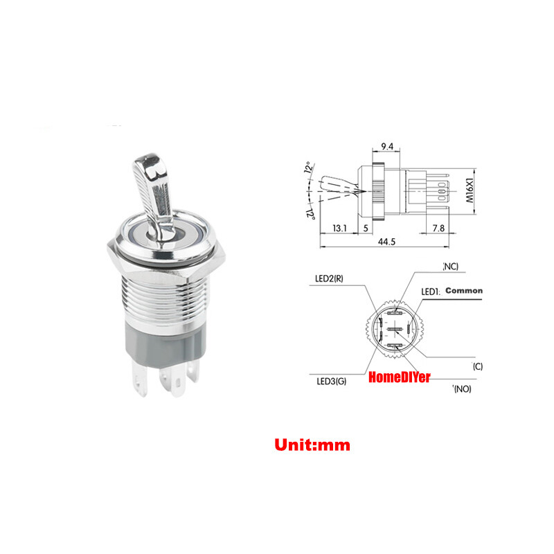 16mm LED Metal Toggle Switches On/Off 2 Positions Waterproof IP65 Button Switch