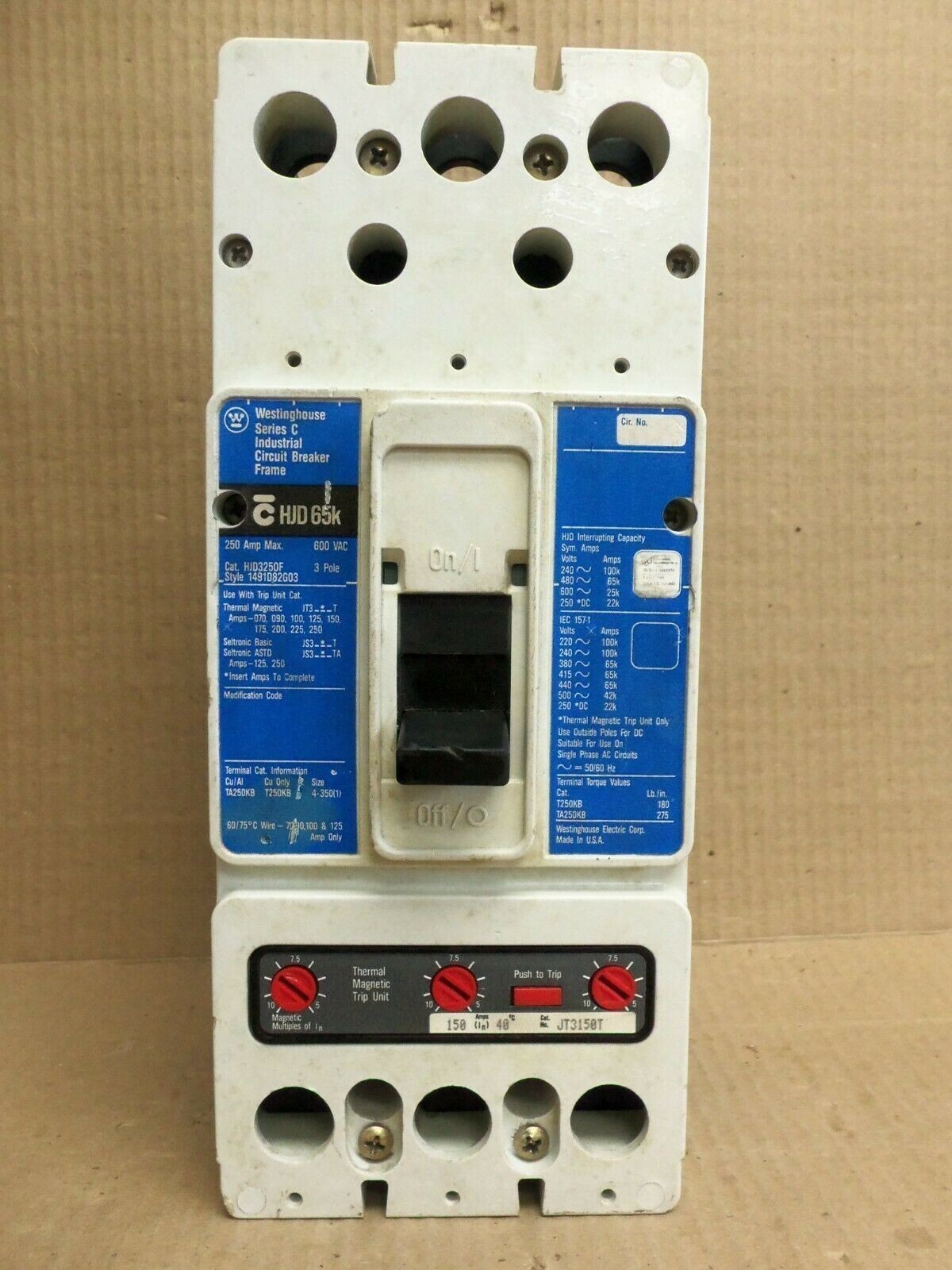 Eaton HJD3250F 3 Pole 250 Amp Frame 150 Amp Trip 600V Circuit Breaker FLAW #28