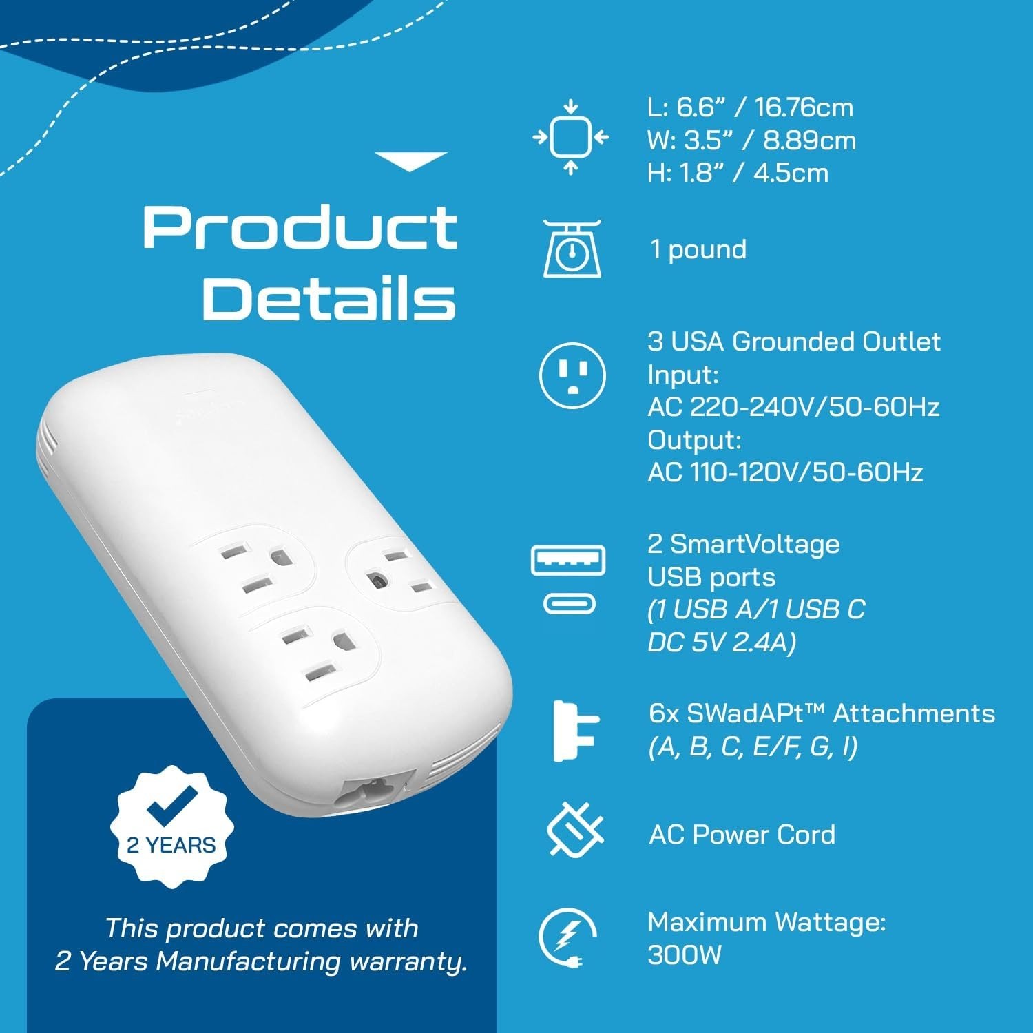 Ceptics 300W Travel Voltage Converter, 220V to 110V 50Hz 60Hz Step White