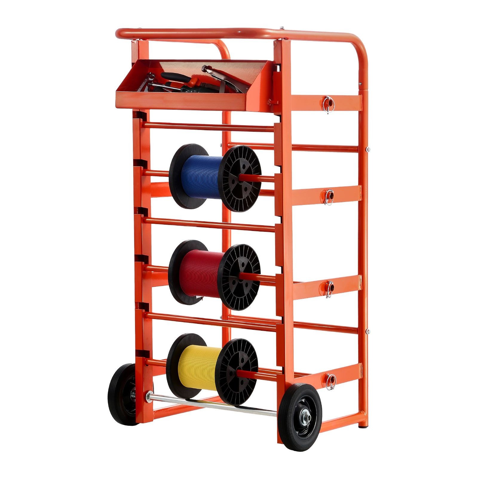 11 – Rod Wire Spool Rack with Wheels, Cable Dispenser & Storage Tray