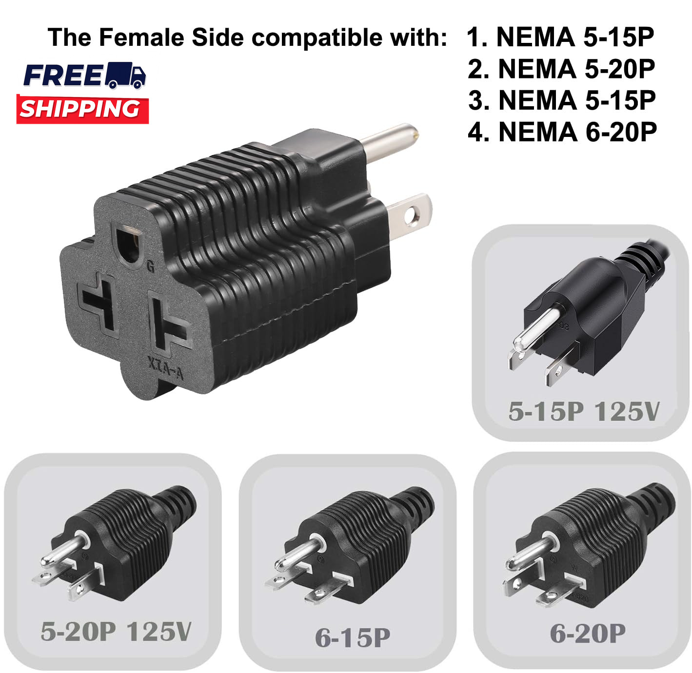 NEMA 5-15R to 5-15P 5-20P 6-15P 6-20P Adapter 15 Amp Household Plug to 20 Amp