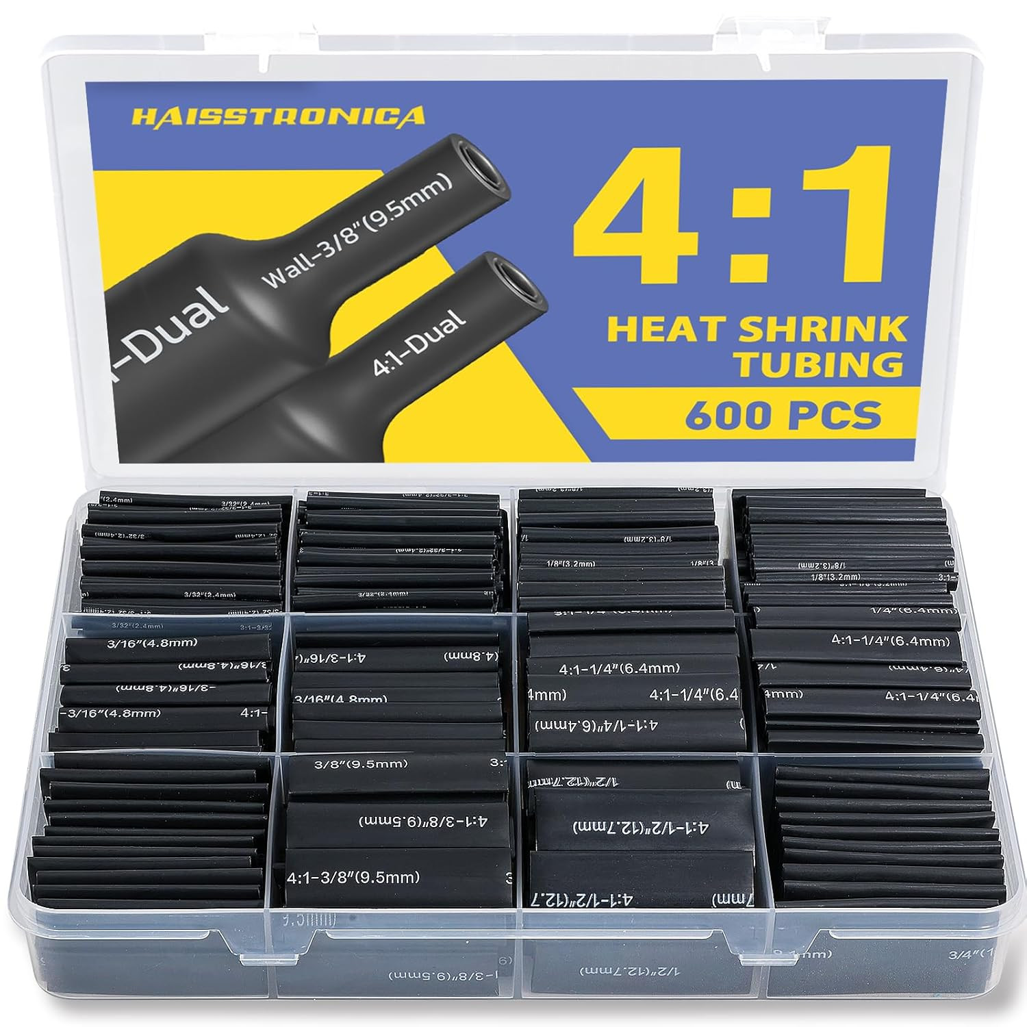Haisstronica 4:1 Heat Shrink Tubing Kit, 600PCS 1.75″Length 7 Size 3/32″-3/4″,To