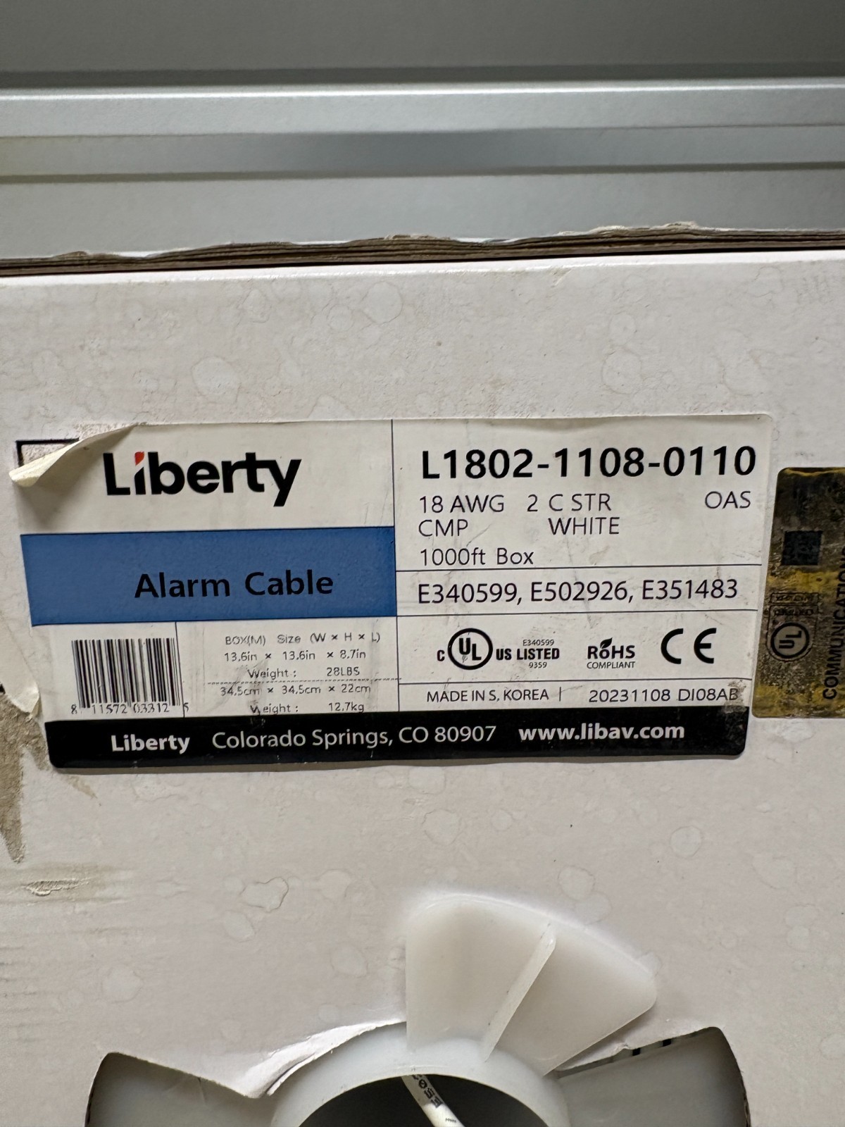 Liberty Alarm Cable 18 AWG 2 Conductor CMP White 1000Ft Box L1802-1108