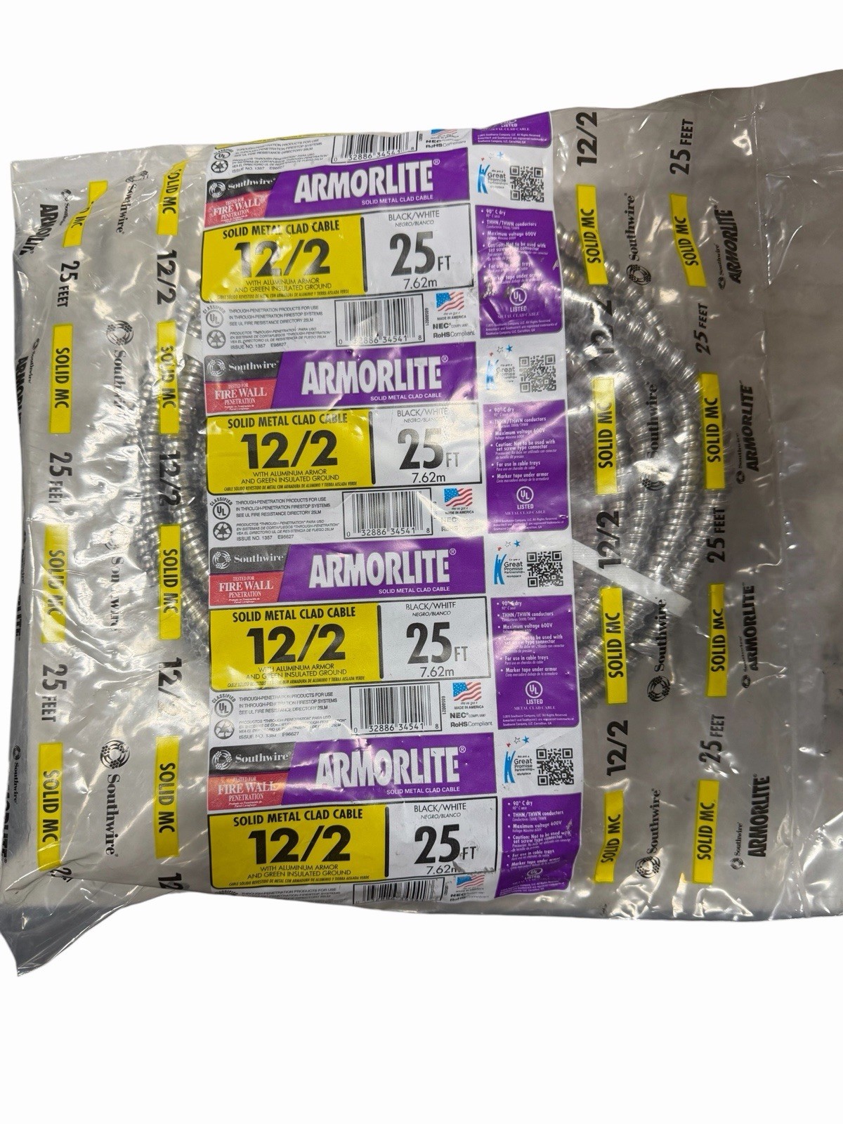 Southwire Solid Metal Clad Cable 68580021 Armorlite Wire 25 Ft 12/2 NEW FreeShip