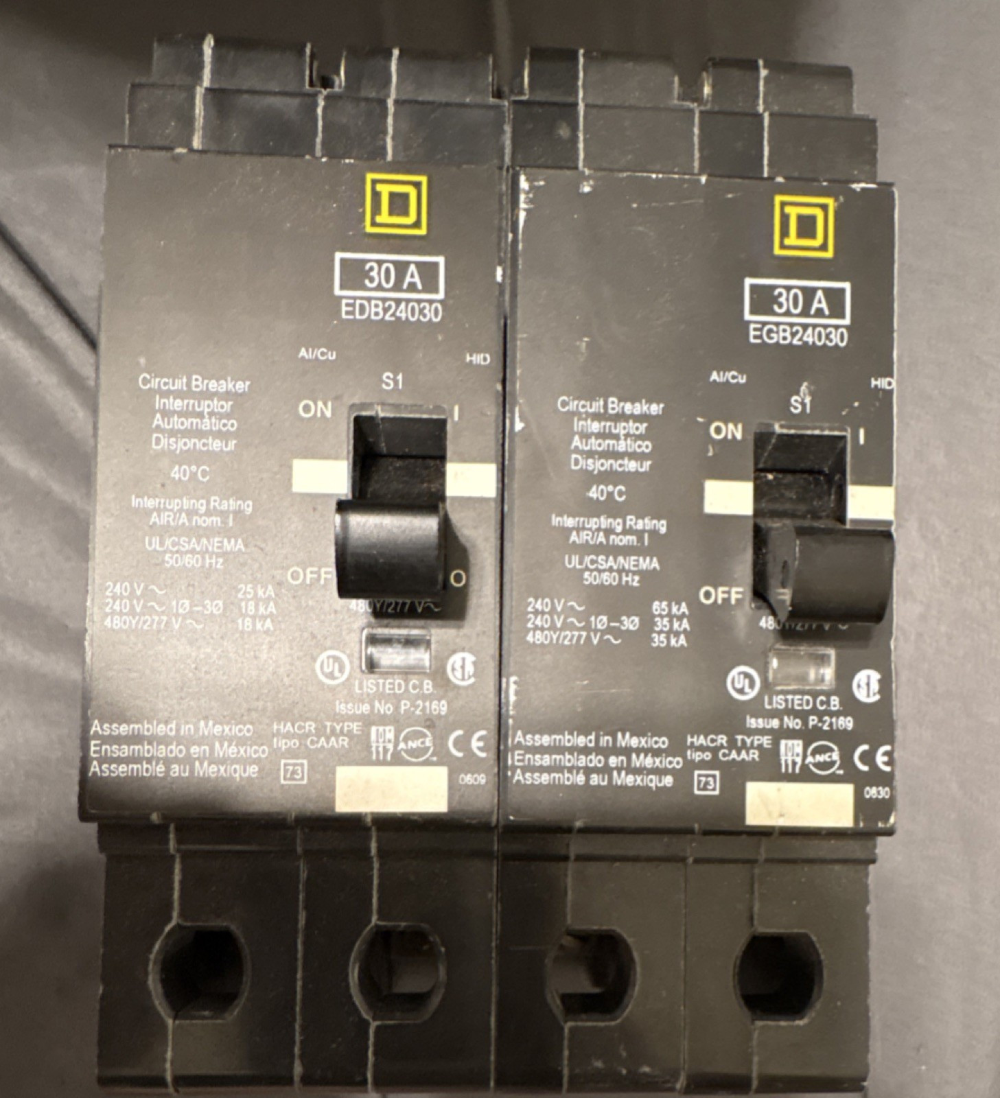 Square D EDB24030 EGB24030 30A 2-Pole 240V 480Y/277V Circuit Breaker Lot of 2