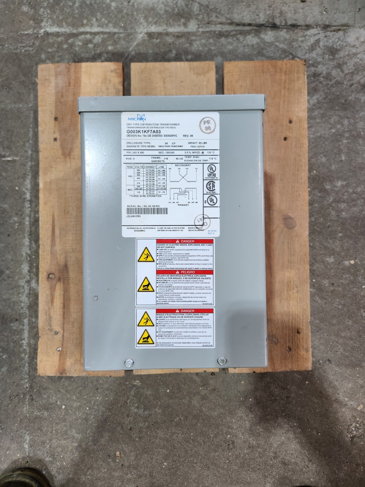 MICRON G003K1KF7A03 DRY TYPE DISTRIBUTION TRANSFORMER 3KVA 480V REV.06 1PH