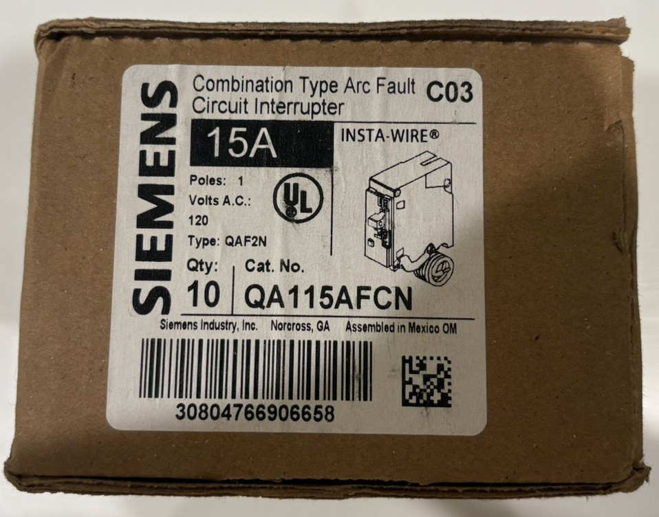 10 PCS Siemens QA115AFCN 15A Arc Fault AFCI Plug-On Neutral Breakers
