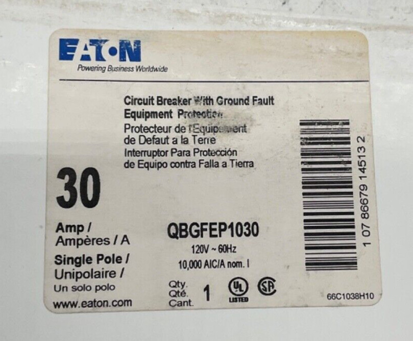 NEW EATON QBGFEP1030 CIRCUIT BREAKER 30A 1P 120V W/GROUND FAULT PROTECTION