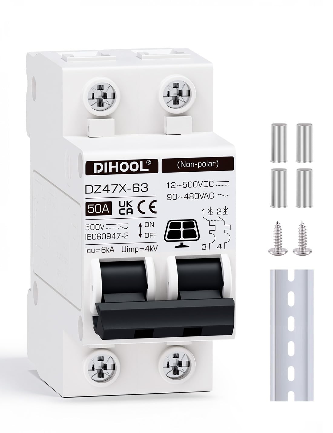 Solar Disconnect Switch, 50 Amp 2 Pole, DIN Rail Mount, Non Polarized, 12V 24…