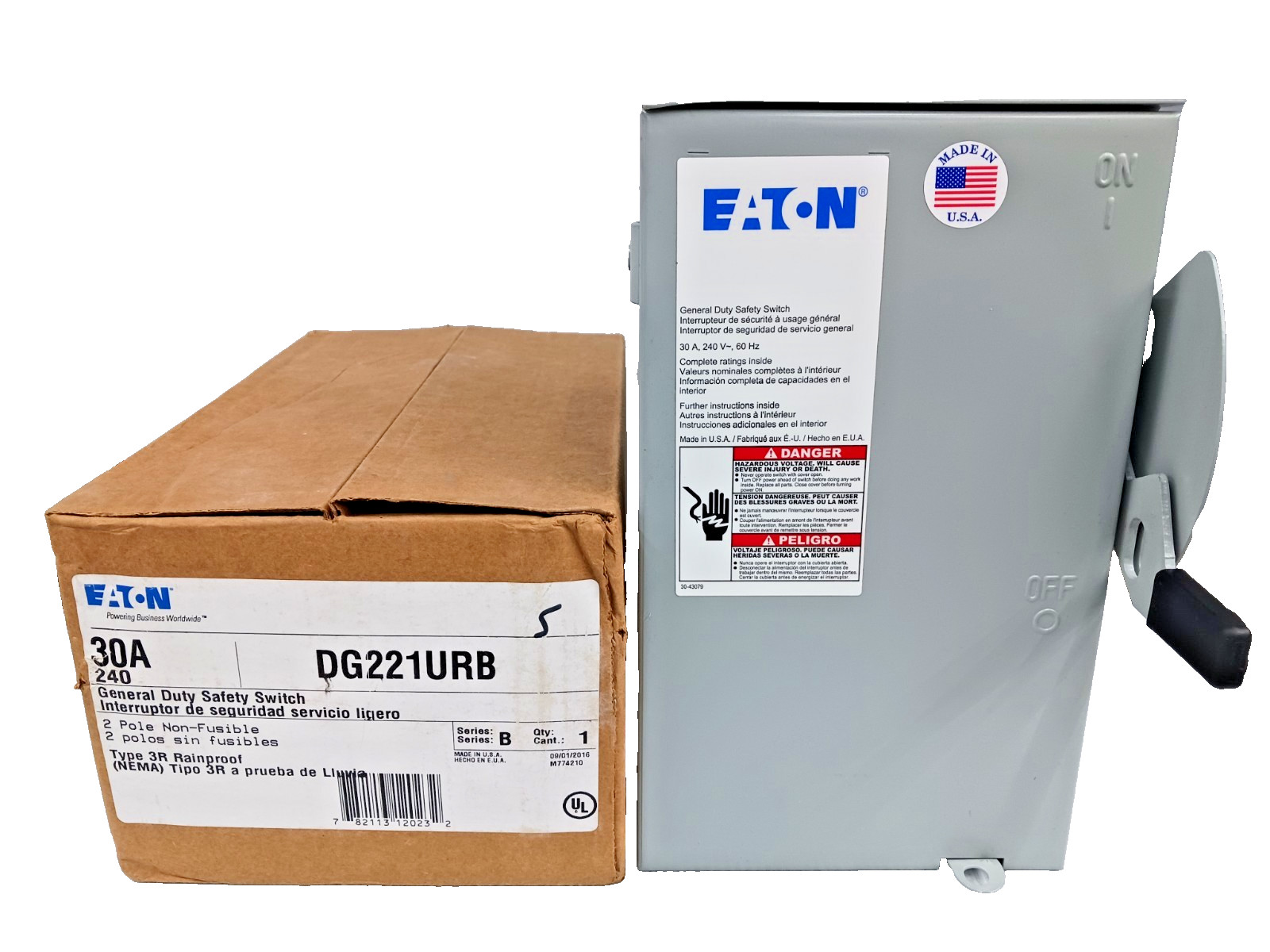 New Eaton 30 Amp Non-Fusible Safety Disconnect Switch 2 Pole 240 VAC 3R DG221URB