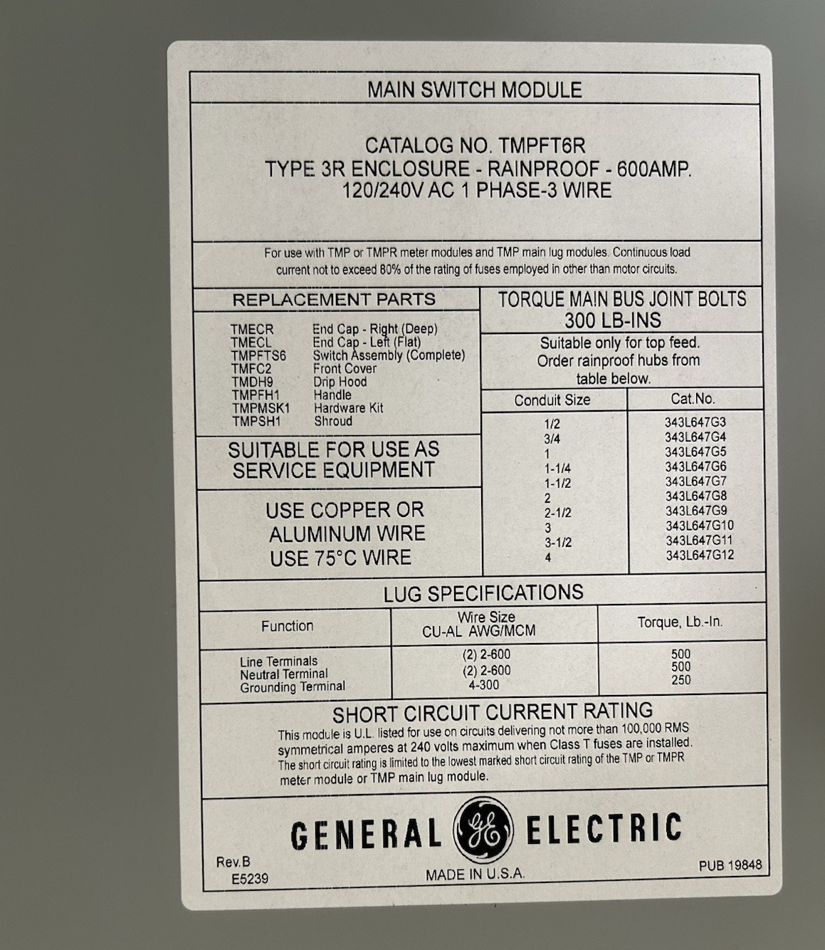 General Electric TMPFT6R Main Switch Module 600A 120/240VAC 1-Phase Wall