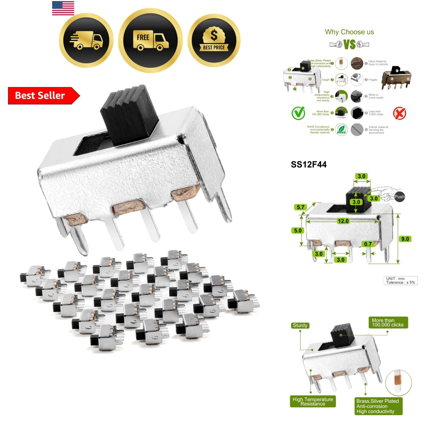 SPDT Mini Micro Slide Switch 1p2t 2 Position 25pcs 3mm Toggle Vertical Slide …