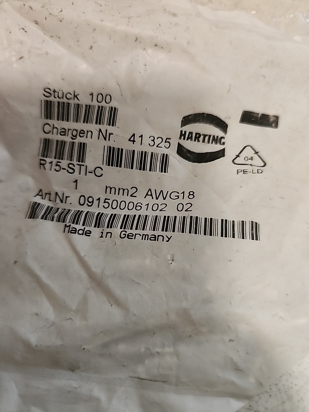 New Lot of 100 HARTING R15-STI-C Part # 09150006102 1 qmm AWG 18