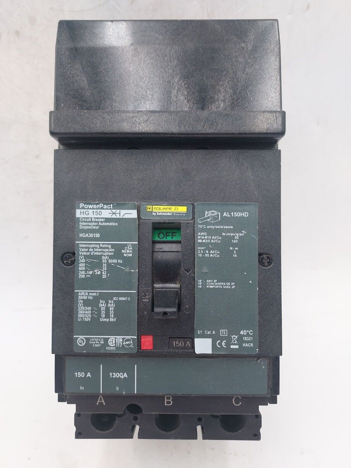 SQUARE D HGA36150 I-Line Circuit Breaker 150A 3P 600V 150 Amp HGA 3 Pole Used